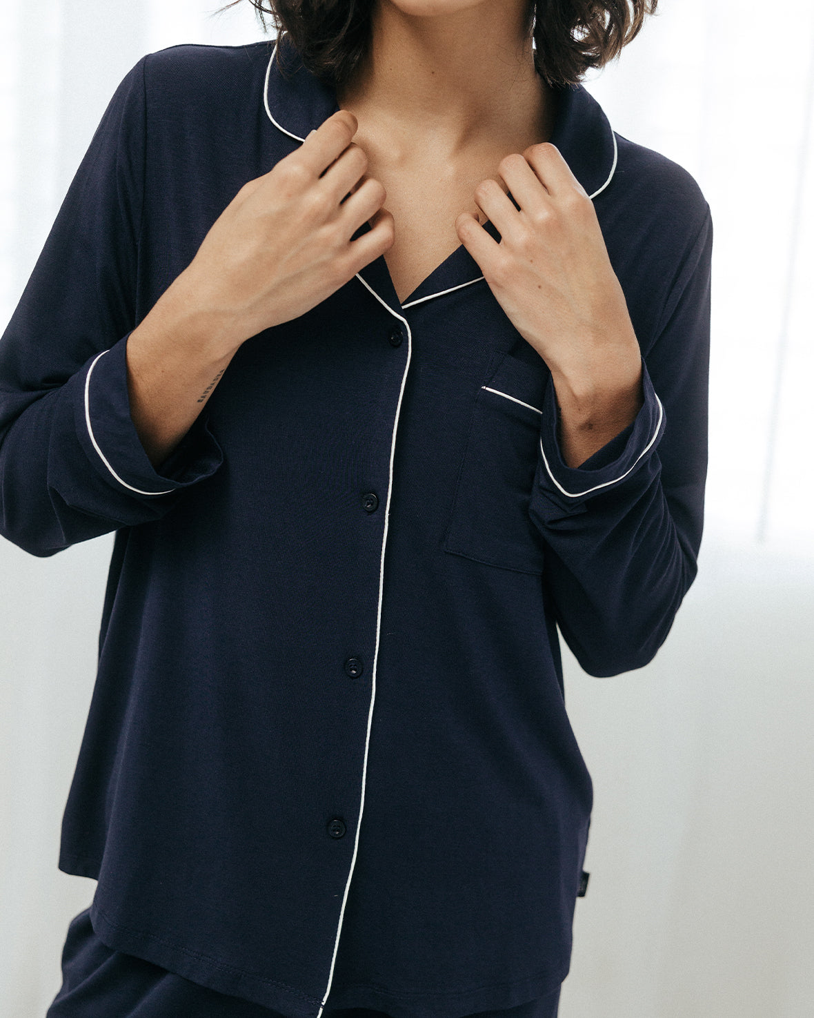 Premium TENCEL™ Modal Long Sleeve Button Up Pajama Set for Women - Soft & Breathable Sleepwear - Navy Blue - Perfect for Relaxing at Home & Comfortable Night's Sleep