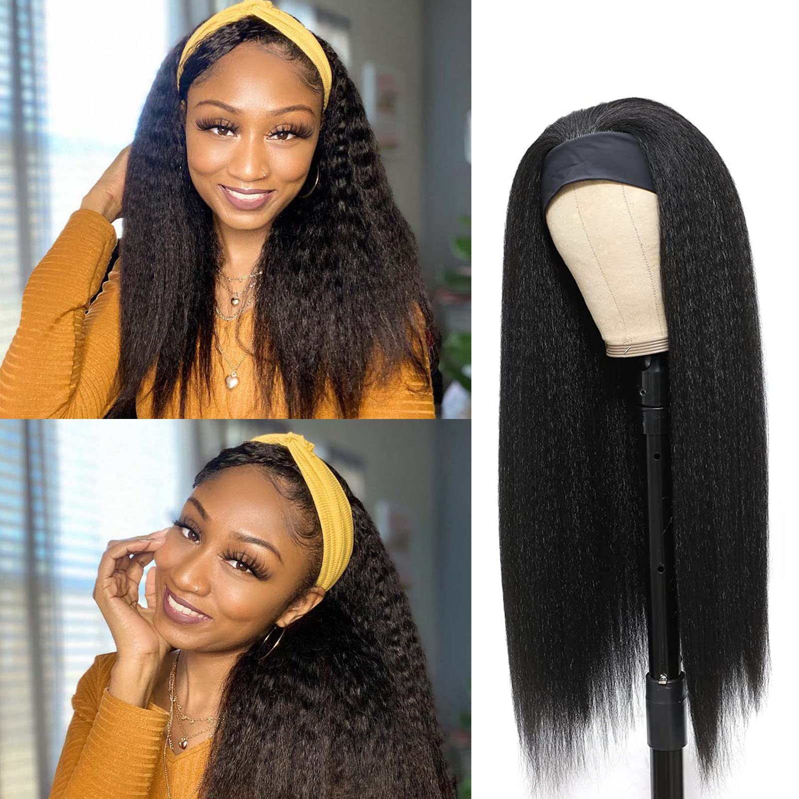 18 Inch Kinky Straight Headband Wig - Glueless Synthetic Yaki Hair for Black Women | No Lace Front with Natural Hairline (#1B) | Perfect for Daily Wear, Parties & Protective Styling