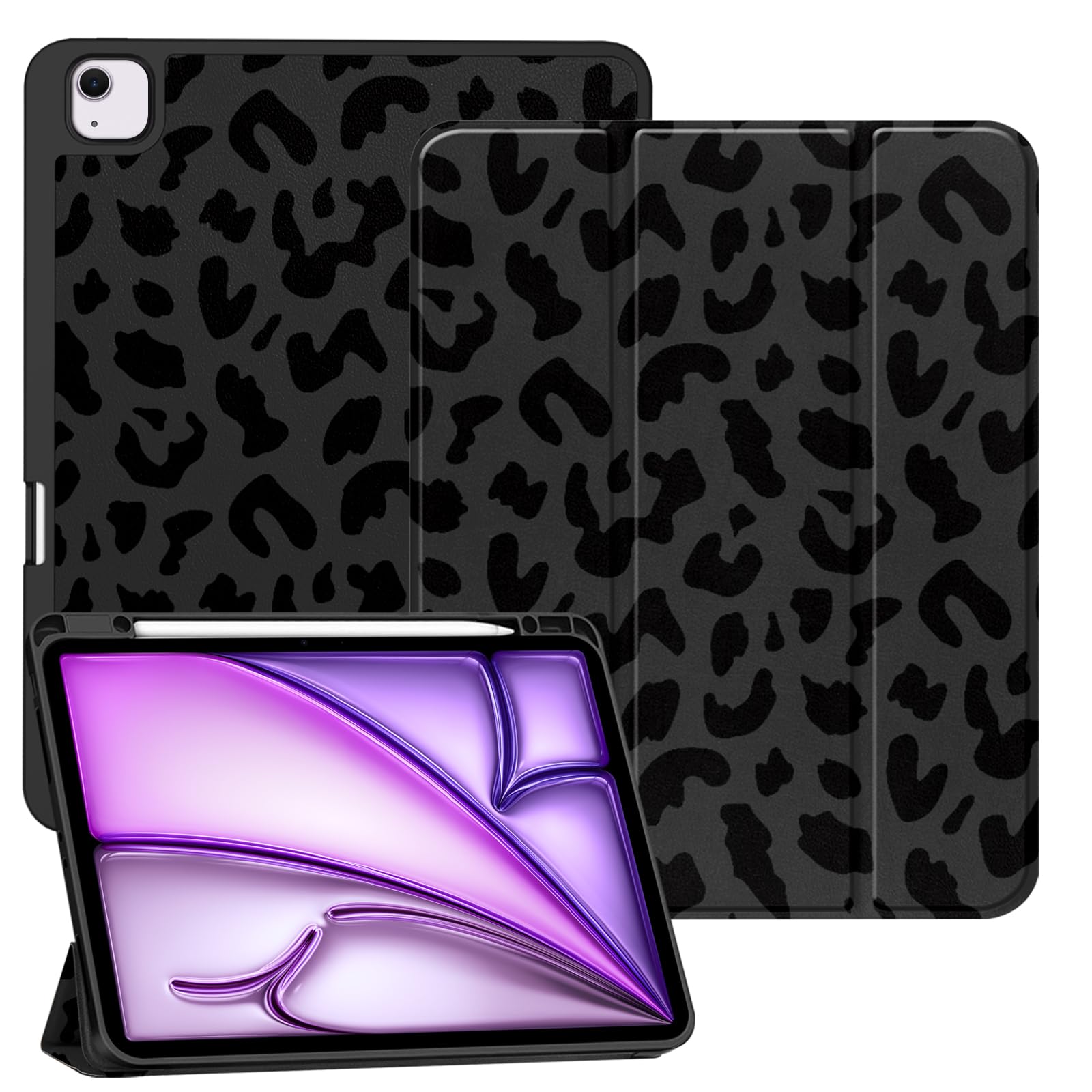 Compatible with iPad Air 13 Inch M3 2025/M2 2024 Case with Pencil Holder - Shockproof TPU Back Cover, Auto Sleep/Wake Function & iPad Pencil Charging - Stylish Black Purple Leopard Print Design for Women Men & Teens - Perfect for Work, School & Travel Protection