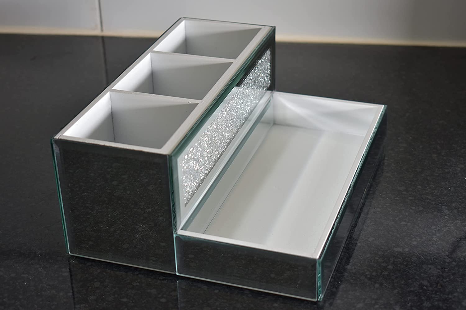 Biznest Crystal Glamour Beauty Box - Diamond Jewel Mirror Makeup Brush Organizer (25x20x10cm) | Perfect for Vanity Table, Travel & Gift | Cosmetic Storage Case for Brushes, Jewelry & Makeup Accessories