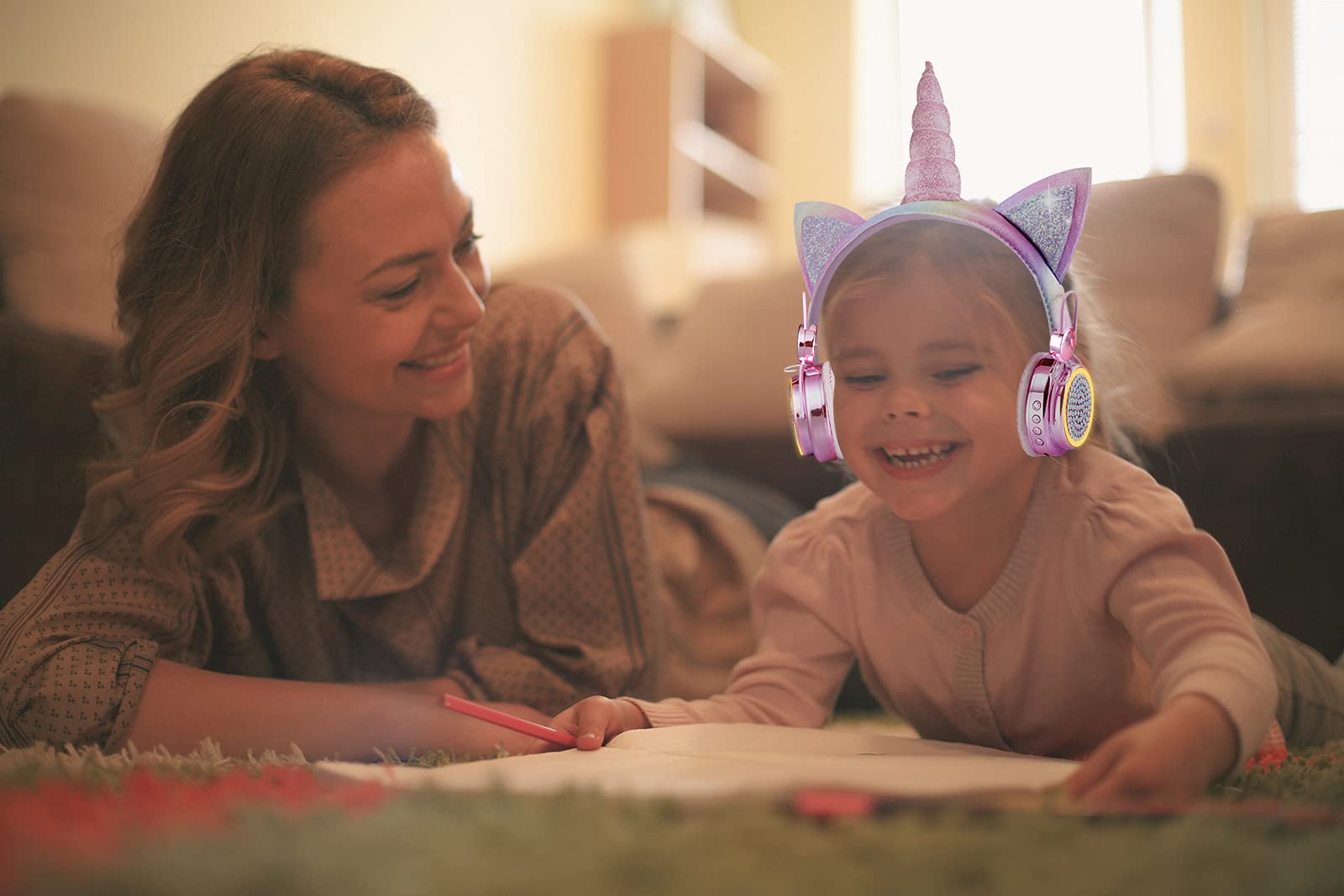 Wireless Bluetooth Headphones for Kids with LED Unicorn Lights - 10H Playtime, Built-in Mic, Music Sync Flashing (Rainbow) - Perfect for Girls' Birthday Gifts, Travel & Online Learning