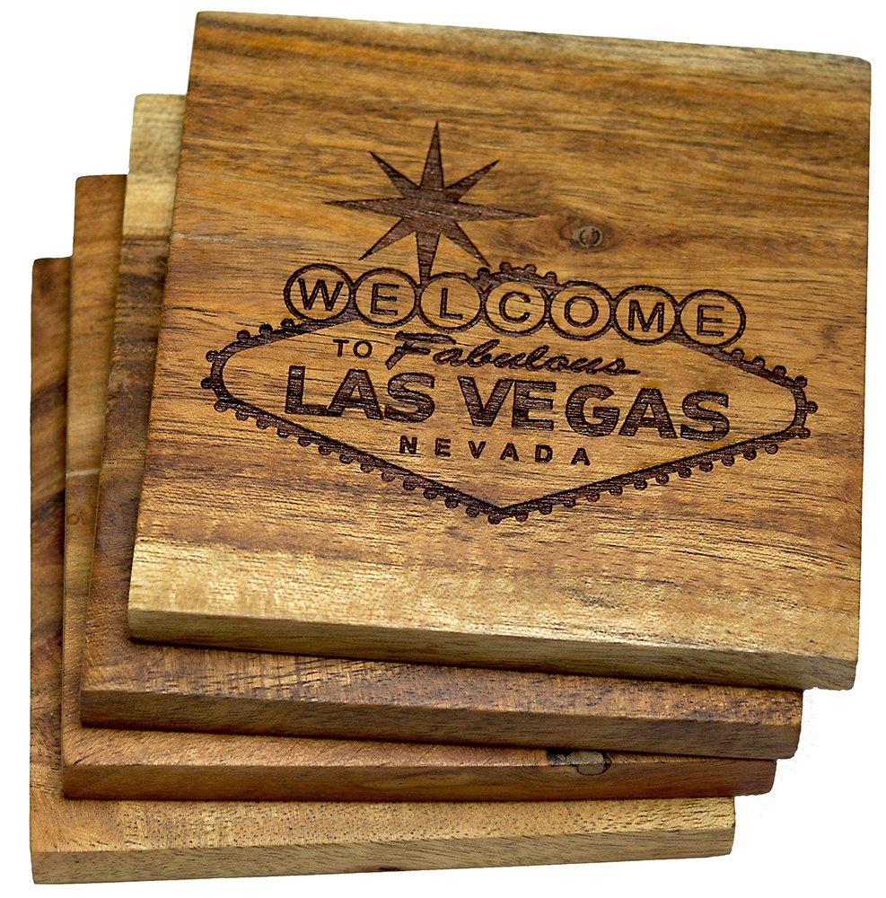 Las Vegas Welcome Sign Drink Coasters Set of 4 - Engraved Acacia Wood Coasters with Las Vegas Design - Perfect Nevada Souvenirs & Gifts for Home Bar, Office Decor or Vegas-Themed Parties