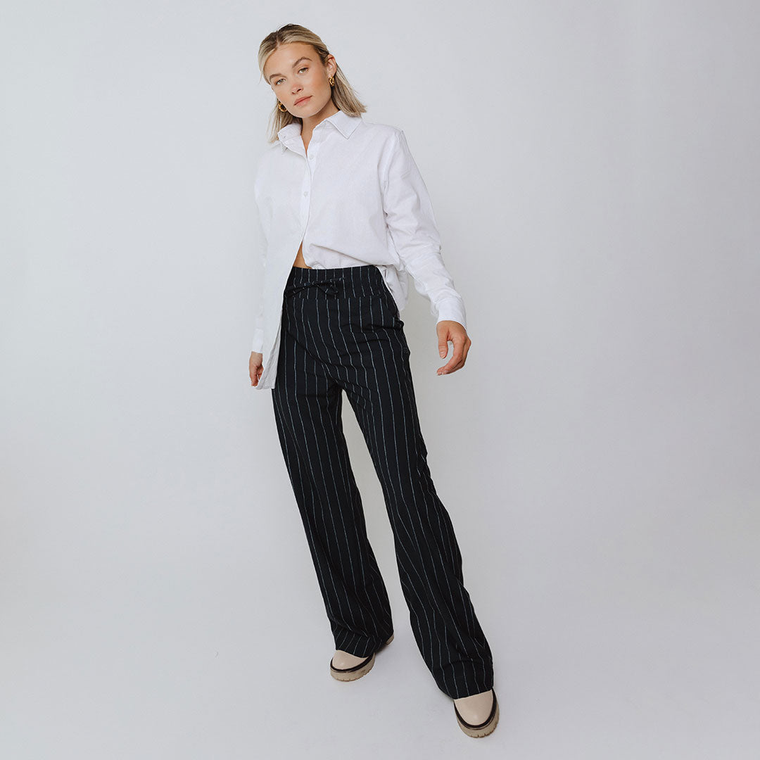 Audrey Women's Navy Pinstripe Dress Pants - Professional Office Work Trousers for Business Casual & Formal Occasions