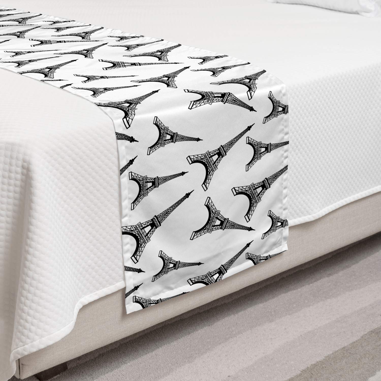 Ambesonne Eiffel Tower Bed Runner - Monochrome Parisian Style Decorative Bedding Scarf for Hotels, Homes & Guest Rooms | Charcoal Grey & White Digital Print | Perfect for French-Themed Bedrooms & Romantic Home Decor
