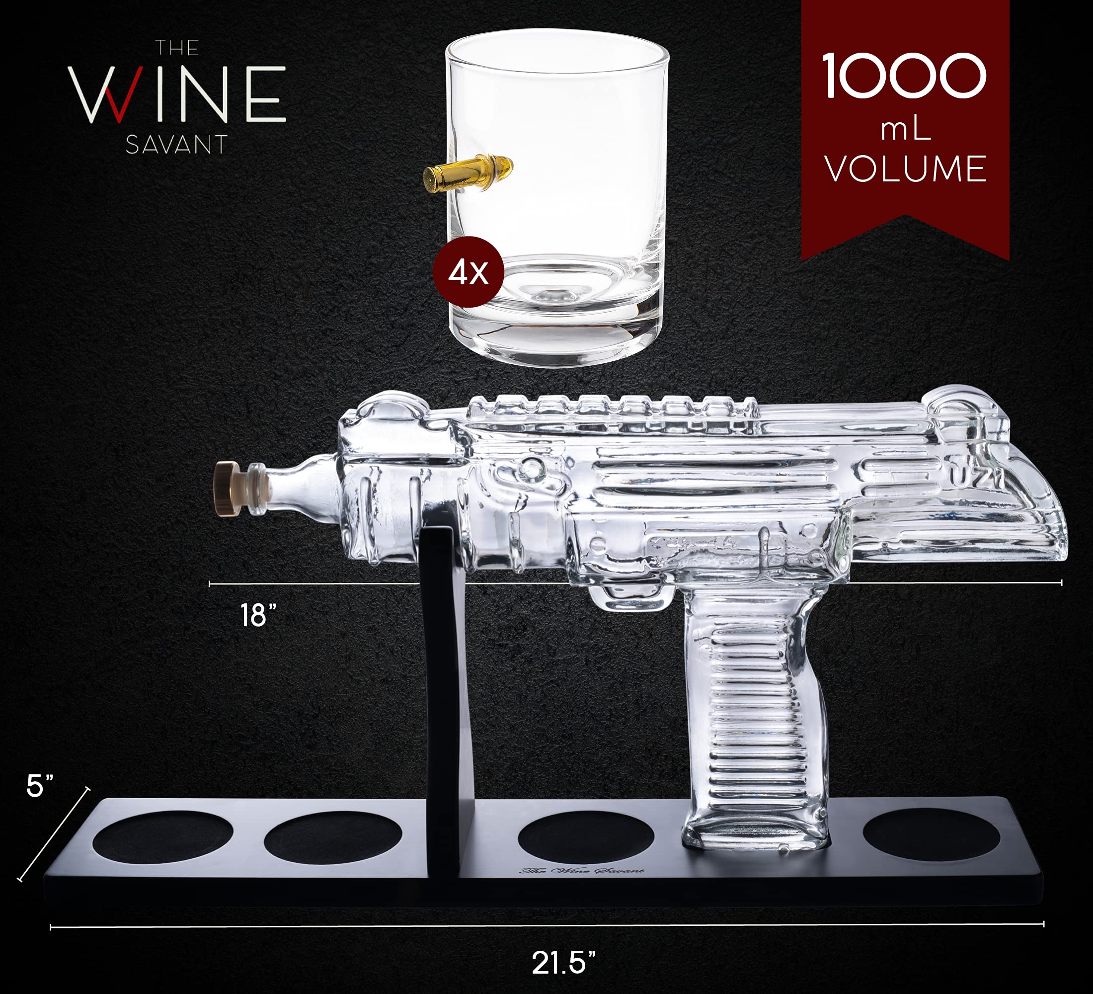 Uzi Submachine Gun Whiskey Decanter Set with 4 Glasses - Unique Gun-Themed Liquor Decanter & Glass Gift Set for Men - Perfect for Bourbon, Scotch & Whiskey Lovers - Great Shooting & Firearm Enthusiast Gift for Dad, Husband - Ideal for Birthday, Anniversary, Man Cave & Bar Decor