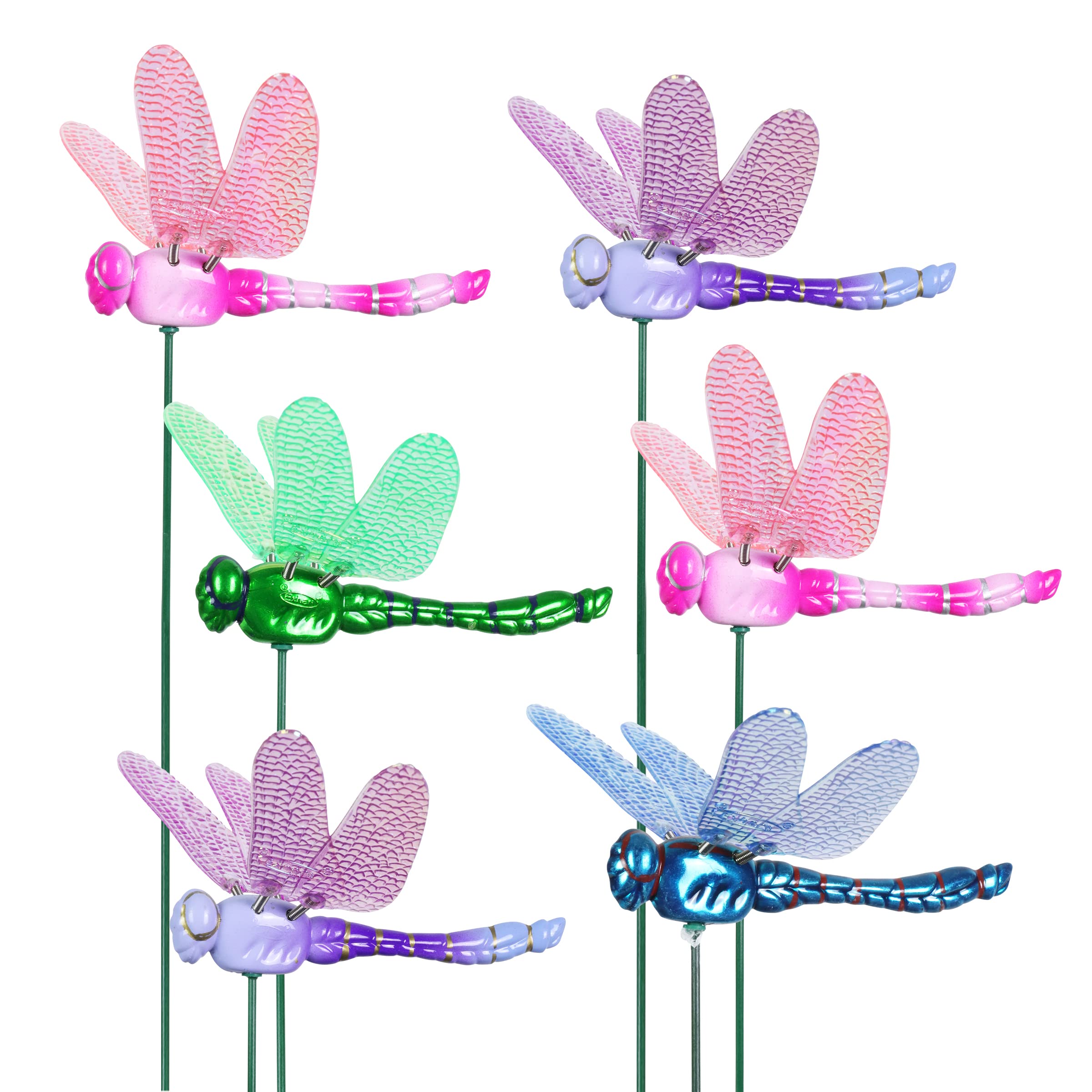 Exhart Garden Stake Set of 6 - Dragonfly Wind Spinners Outdoor Decor, 6 x 4 x 15.5 Inch Metal Yard Art for Garden, Patio, Lawn - Perfect for Backyard, Flower Beds & Landscape Decoration