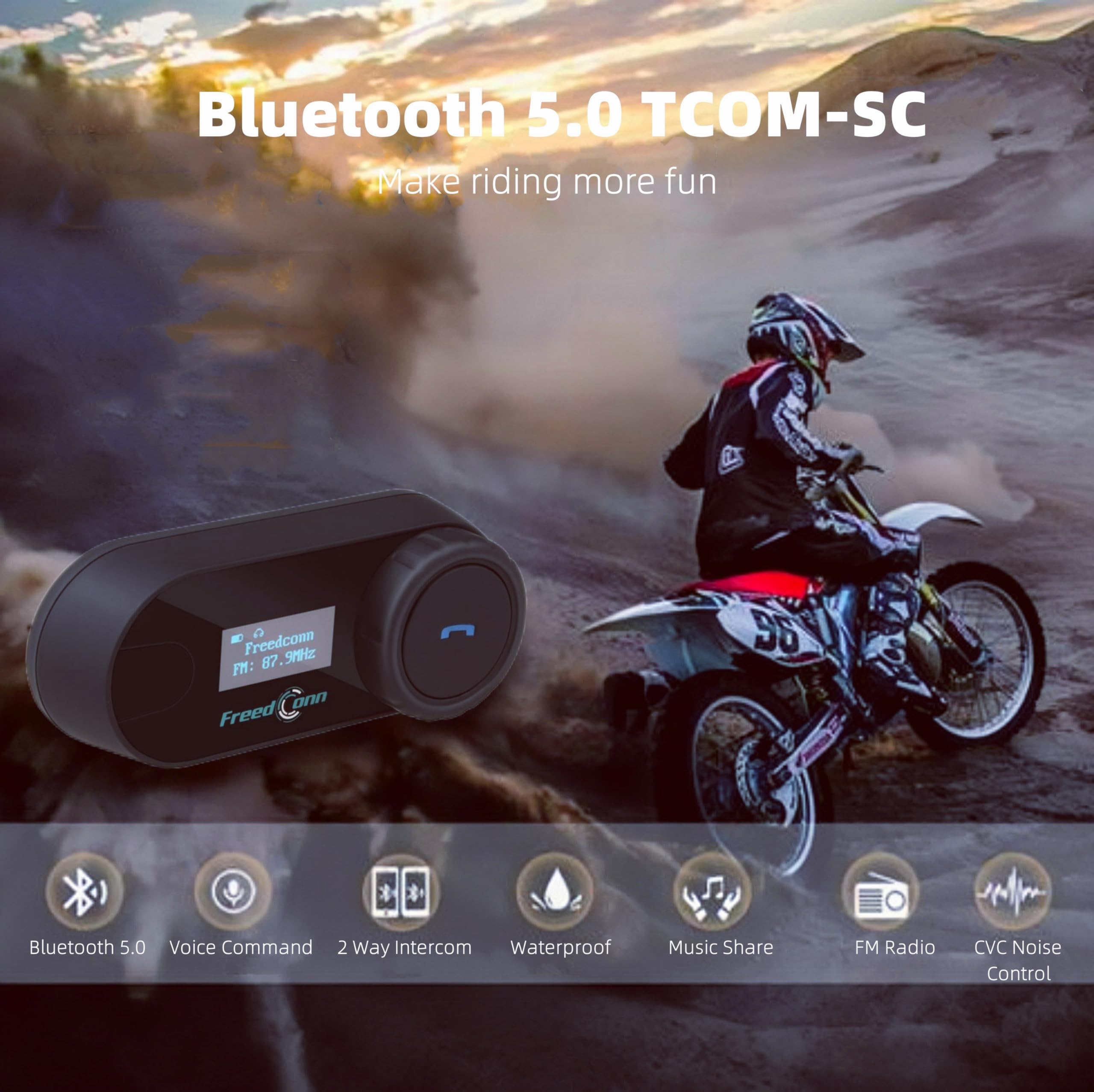 FreedConn TCOM-SC BT5.0 Motorcycle Bluetooth Headset - Wireless Helmet Intercom Communication System for 2 Riders, 800M Range, Music Sharing & LCD Screen with FM Radio - Perfect for Group Riding, Road Trips and Motorcycle Tours