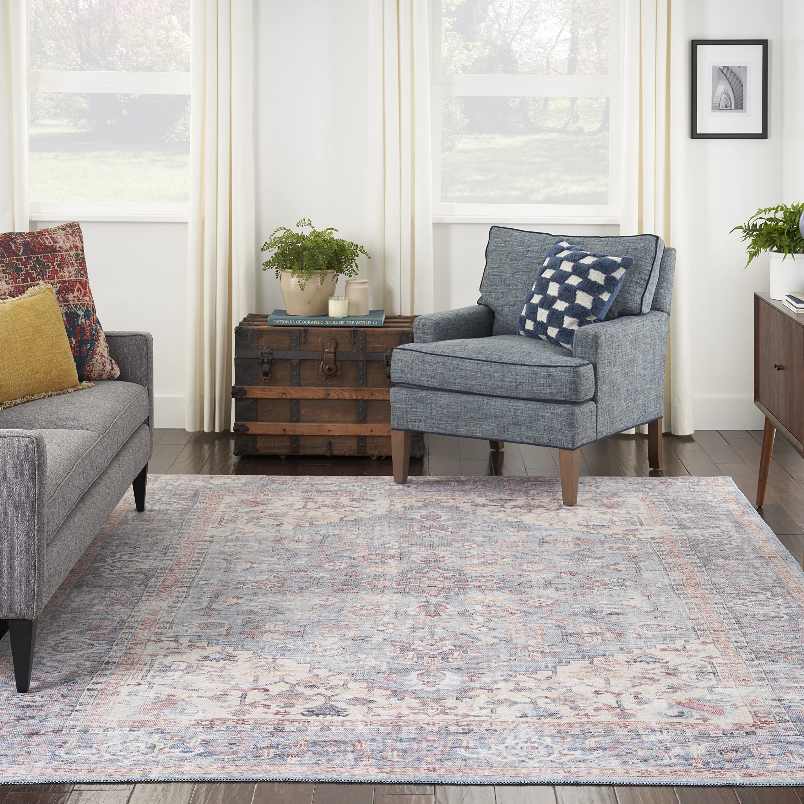 Nicole Curtis Bohemian Blue Area Rug 8x10 ft - Machine Washable, Non-Shedding, Easy to Clean - Perfect for Living Room, Bedroom, Dining Room & Kitchen Decor