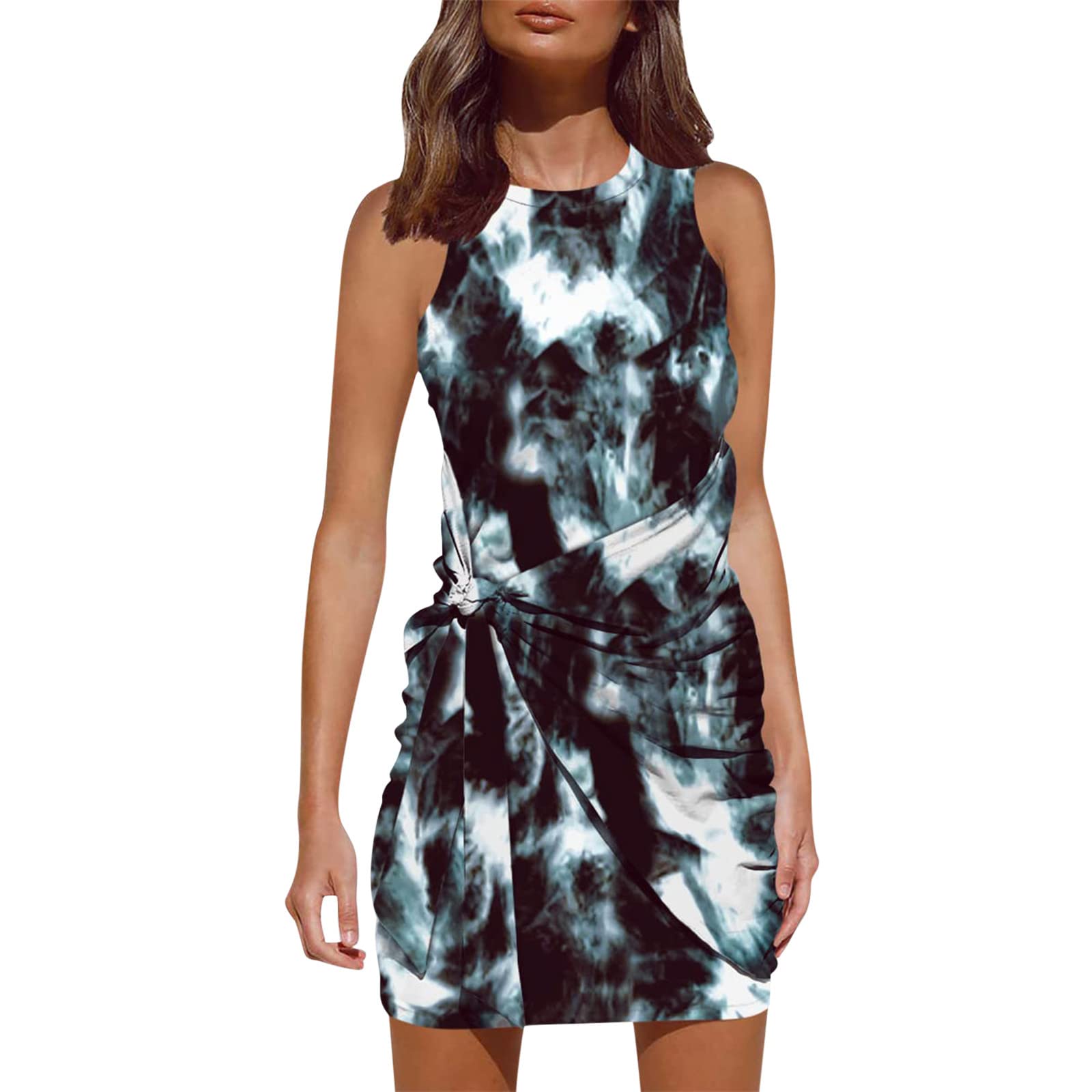 Women's Summer Casual Dress - Sleeveless Round Neck Tie Waist Ruched Mini Dress | Perfect for Beach, Vacation, and Outdoor Activities