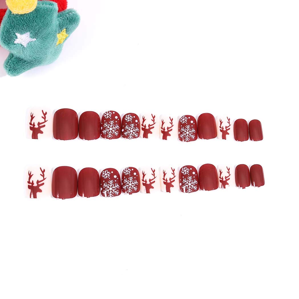 Mosako Christmas Snowflake Press-On Nails - 24Pcs Red Glossy Fake Nails with Deer Design, Acrylic Full Cover Artificial Fingernails for Women & Girls | Perfect for Holiday Parties, Gift Giving & Festive Nail Art