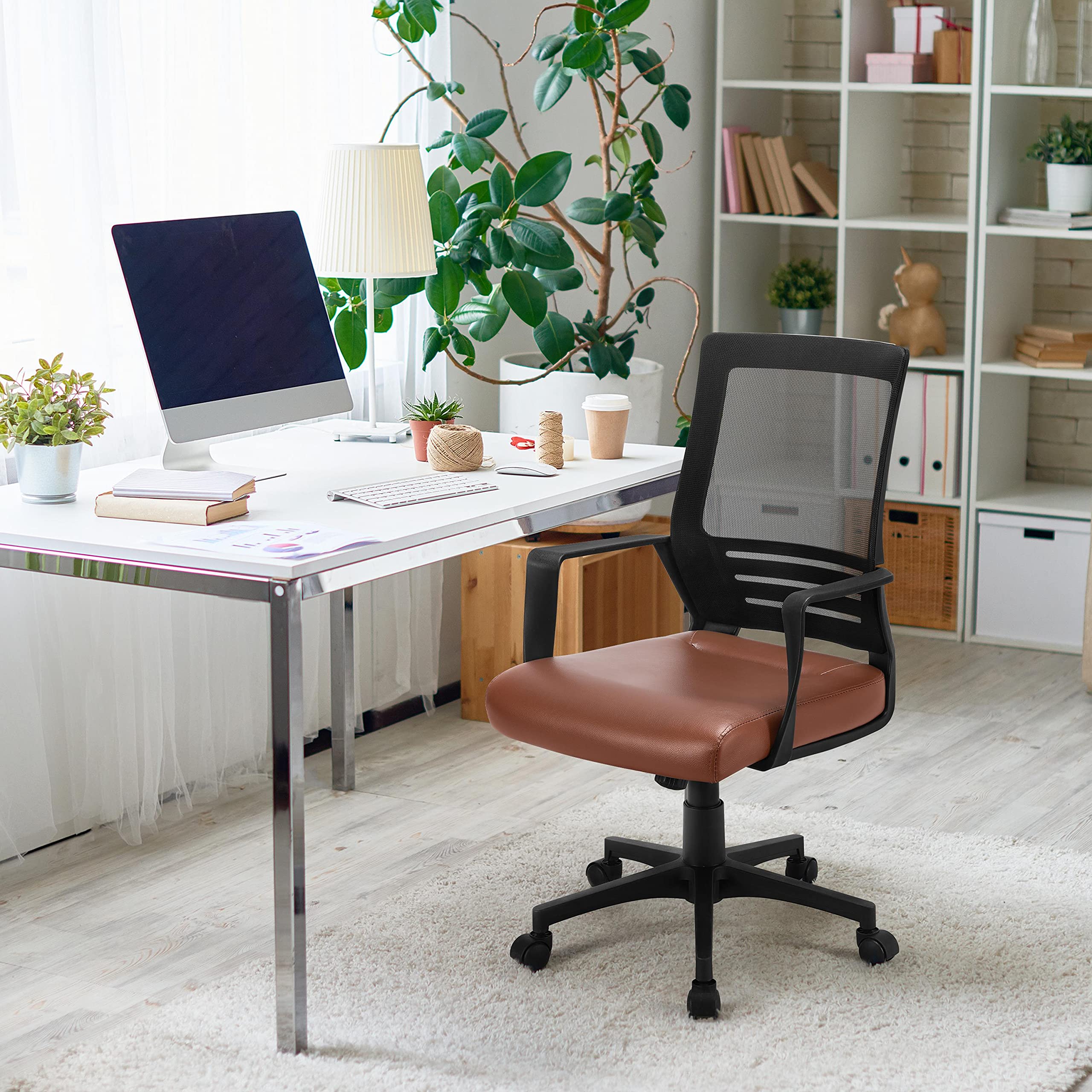 Yaheetech Ergonomic Mid Back Mesh Office Chair with PU Leather Seat - Adjustable Height Executive Computer Task Chair with Armrests & Lumbar Support for Home & Office - Brown
