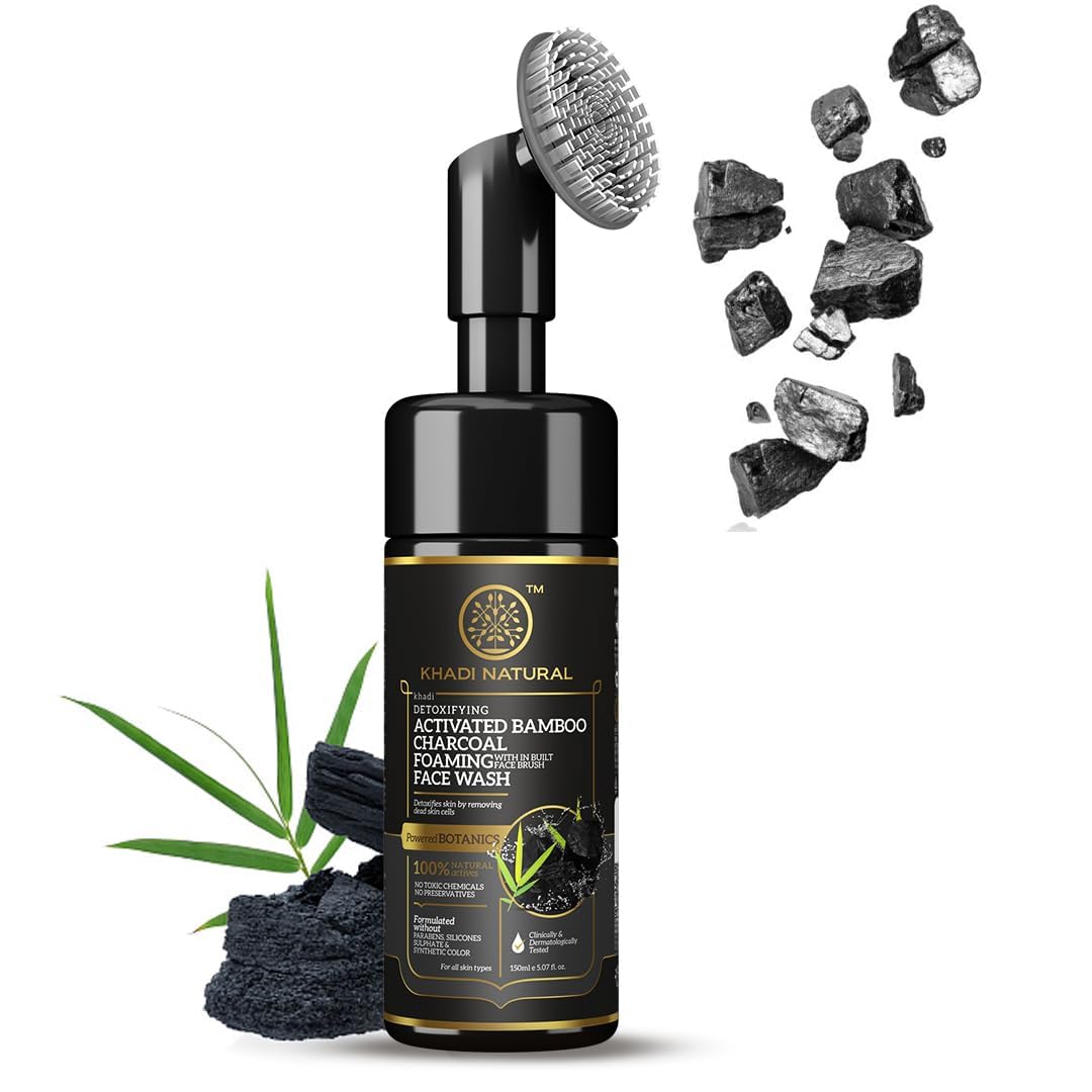 Khadi Natural Activated Bamboo Charcoal Foaming Face Wash with Built-in Brush | Anti-Pollution & Exfoliating Cleanser | Deep Pore Cleansing for Acne & Blackheads | Powered by Botanics (150ml) | Perfect for Daily Skincare Routine & Travel