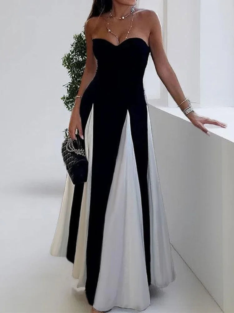 Elegant Women's Contrast U-Neck Sleeveless Backless Maxi Dress with High Slit - A-Line Summer Dress for Beach, Party & Evening Wear 2025