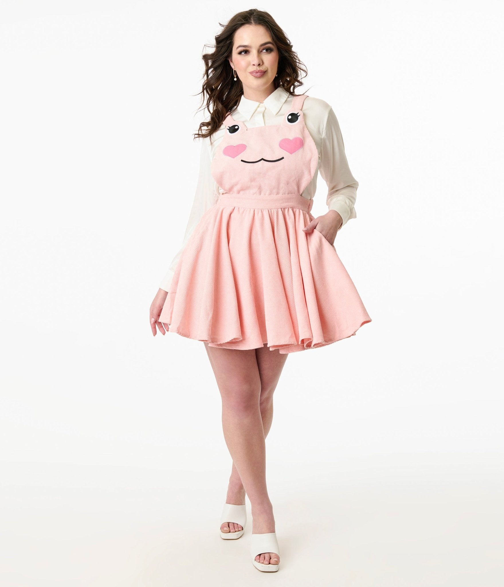 Miss Candyholic Pink Frog Corduroy Pinafore Dress for Women - Cute Kawaii Aesthetic Jumper Dress for Casual Wear, Photoshoots & Anime Cosplay