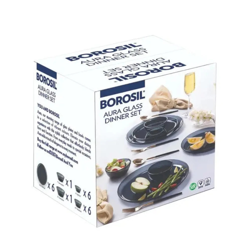 Borosil Aura Premium Glass Dinner Set - 18-Piece Shatterproof Tableware for Daily Use, Dishwasher Safe, Elegant Grey - Perfect for Family Dinners, Parties & Restaurant Style Dining