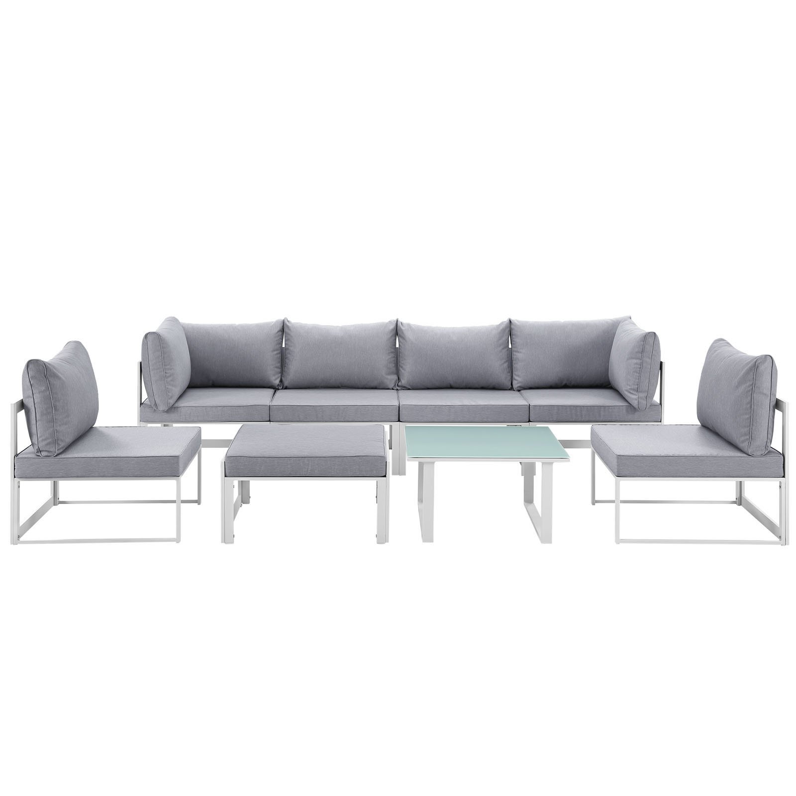 Modern Urban Contemporary 8-Piece Outdoor Patio Sectional Sofa Set - White Grey Fabric with Steel Frame for Backyard, Poolside, and Garden Relaxation
