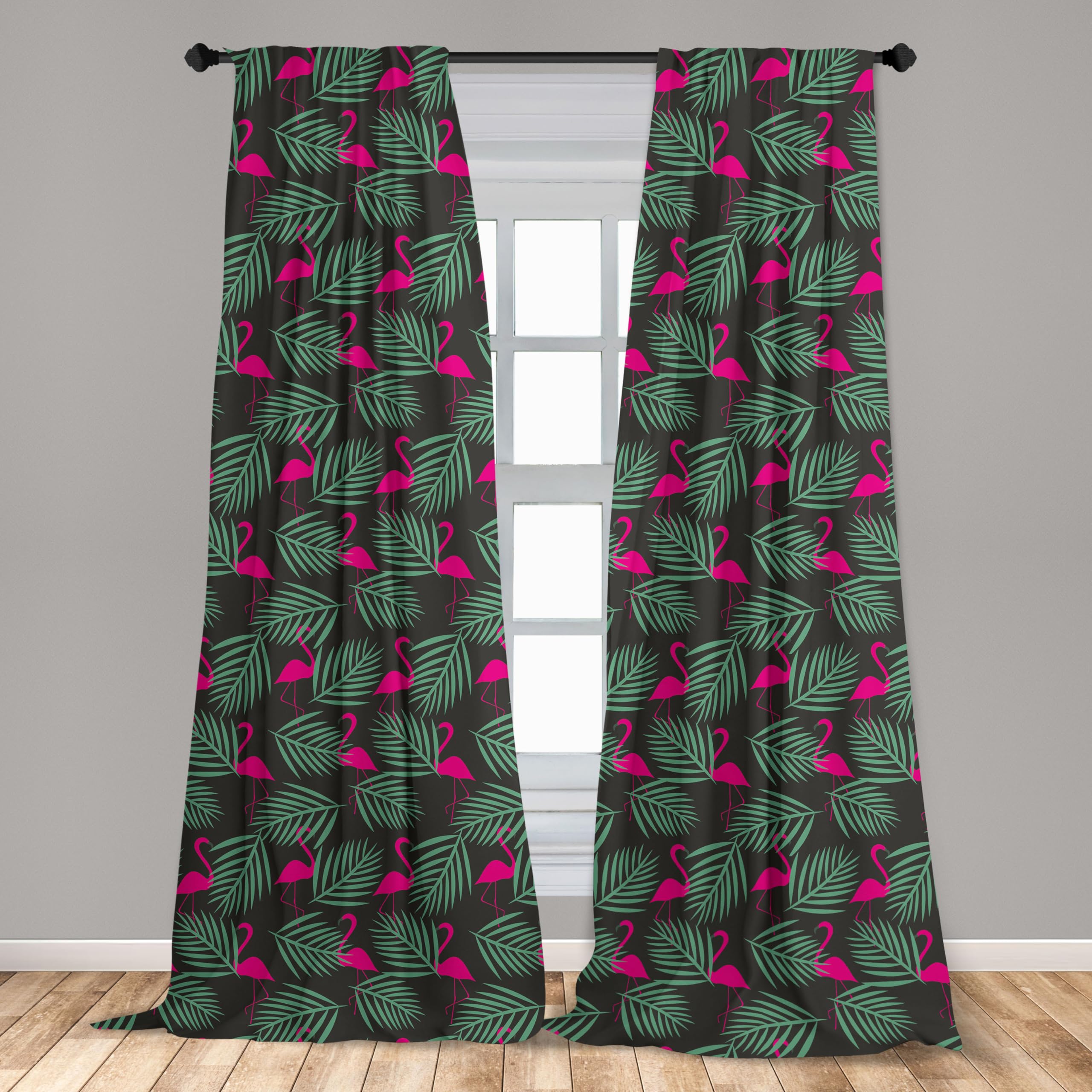 Ambesonne Flamingo & Zoo Animal Print Curtains - Pink, Green, Black Vibrant Tropical Design, 2 Panel Set (28