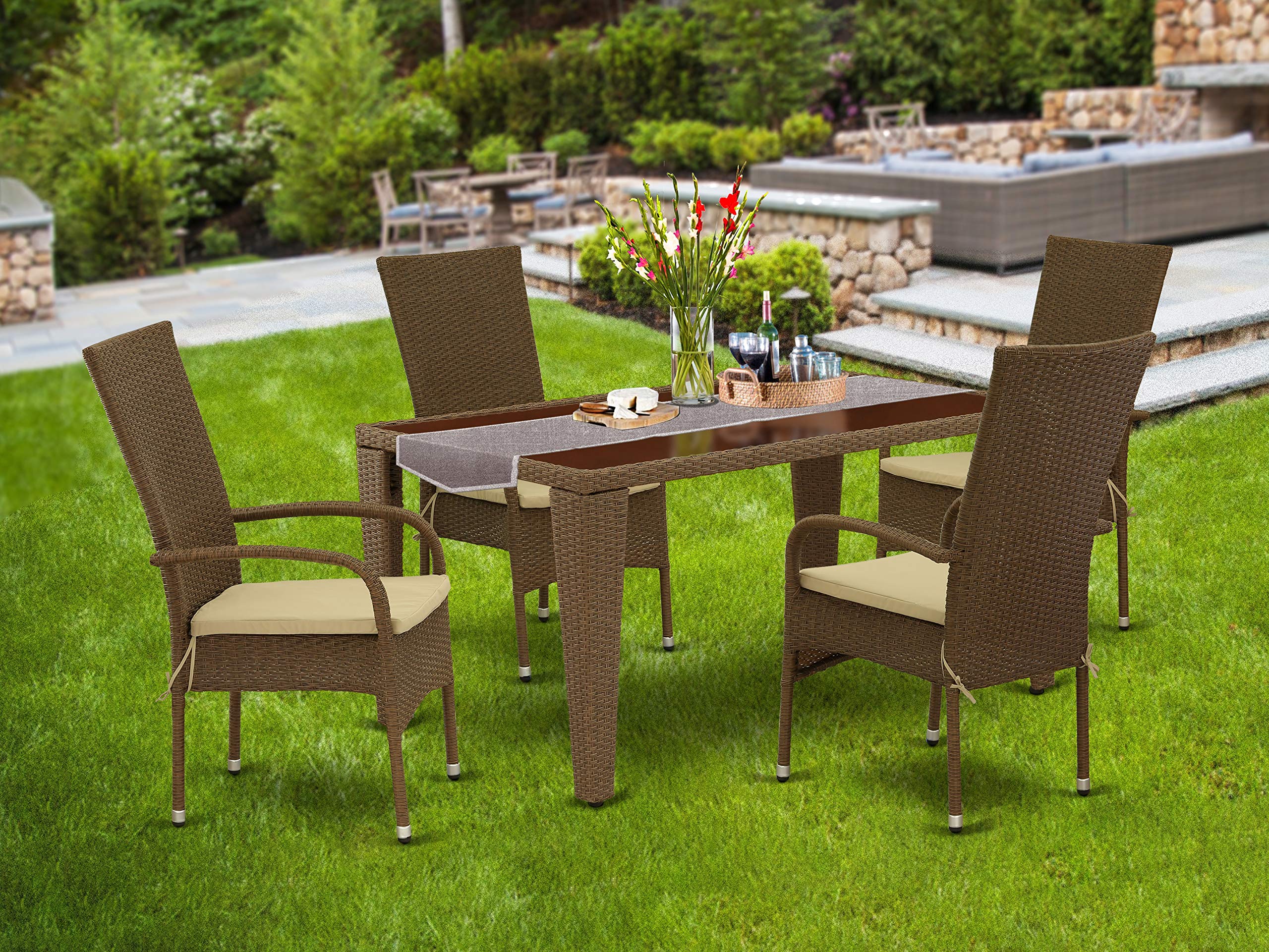 East West Furniture GUOS502A 5-Piece Outdoor Brown Wicker Dining Set with Patio Table & 4 Armchairs - Weather-Resistant Rattan Furniture for Patio, Balcony, Backyard with Linen Cushions - Perfect for Outdoor Entertaining & Relaxation