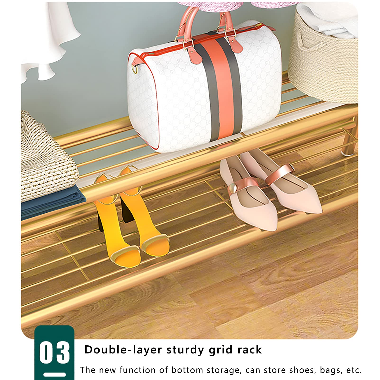 2-in-1 Rolling Garment Rack with Shelves & Hooks - Sturdy Metal Clothes Drying Rack for Bedroom, Entryway & Laundry Room - Easy Assembly Space-Saving Storage Solution for Jackets, Coats & Clothes Organization