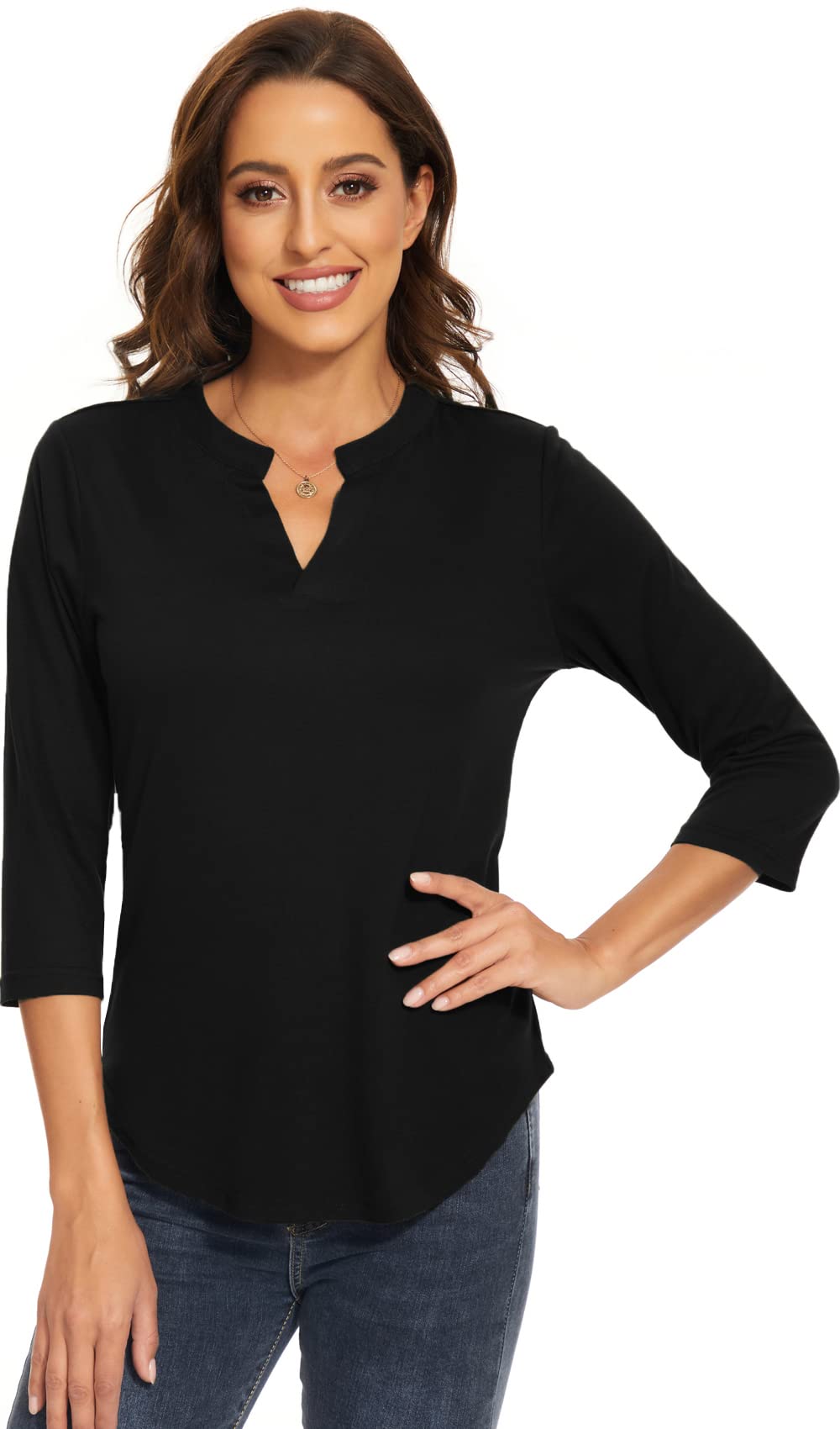 Women's 3/4 Sleeve V-Neck Collared T-Shirts - Work Blouses & Casual Tops for Office, Business, and Everyday Wear
