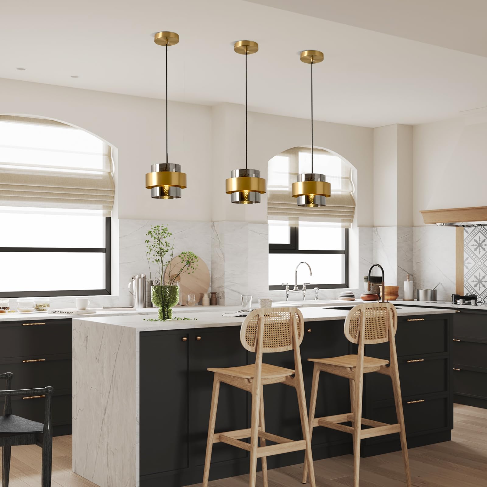 Gold Glass Pendant Light with Smoke Gray Shade - Mid Century Modern Kitchen Island Lighting for Dining Room, Bedroom, Living Room & Hallway | Perfect for Farmhouse, Industrial & Contemporary Decor