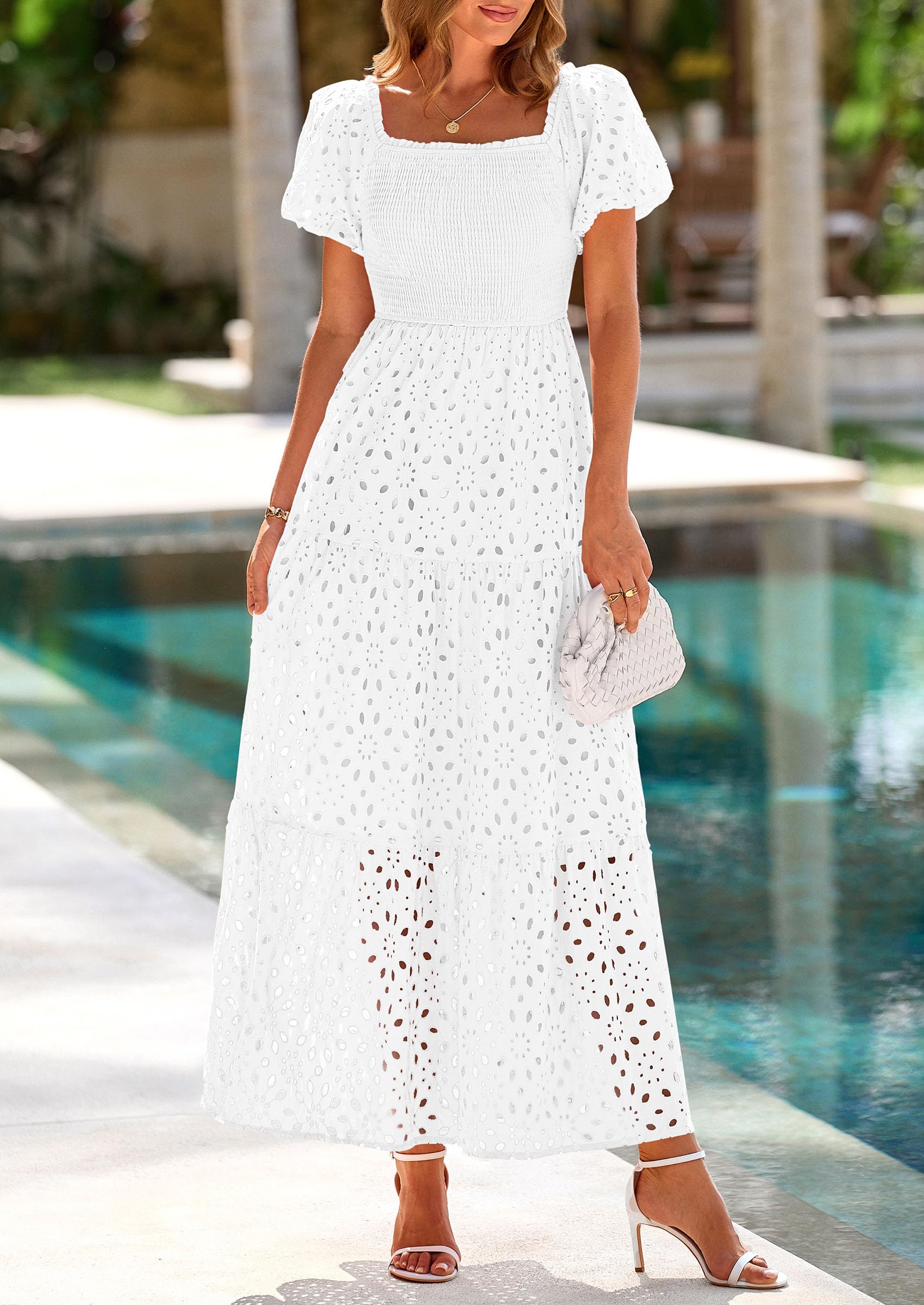 PRETTYGARDEN Women's Summer Maxi Dress 2025 - Floral Eyelet Square Neck Puff Sleeve Smocked Wedding Guest Dress with Pockets | Beach Vacation, Garden Party, Bridal Shower Outfit