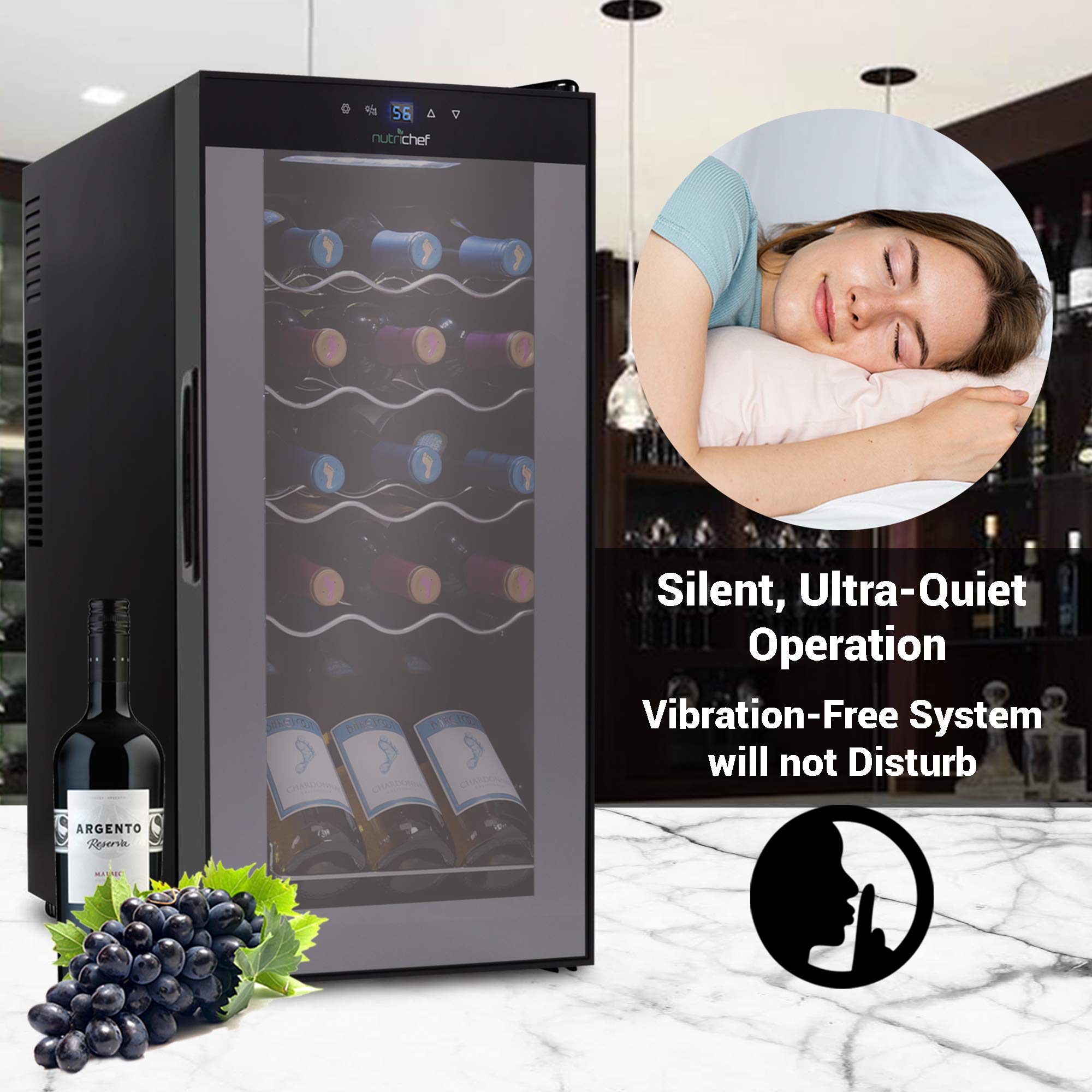NutriChef 15-Bottle Compact Wine Cooler - Freestanding Mini Refrigerator with Digital Touch Control, Glass Door & Quiet Operation - Perfect for Home, Office, or Bar (Black, White & Red)