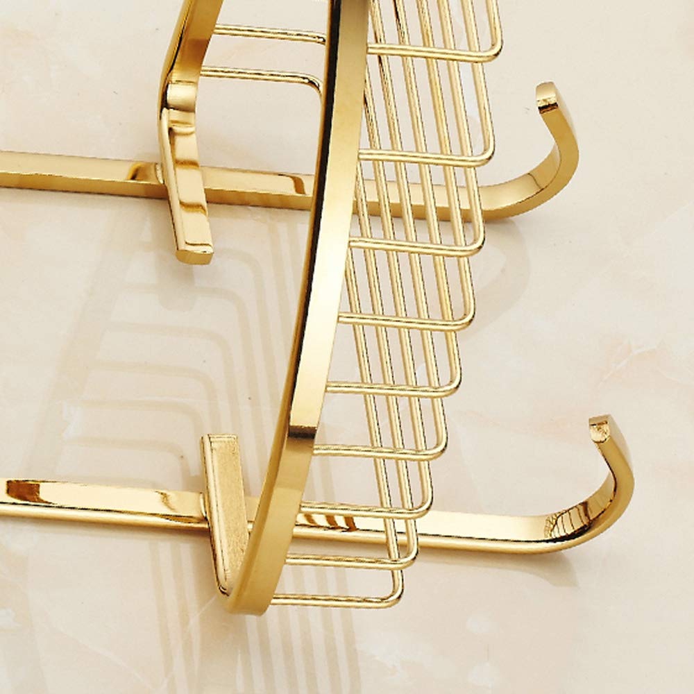 2-Tier Luxury Gold Brass Wall Mount Bathroom Shelf - Shower Caddy Organizer with Hooks for Towels, Shampoo & Toiletries - Perfect for Small Bathroom Storage & Corner Space Saving