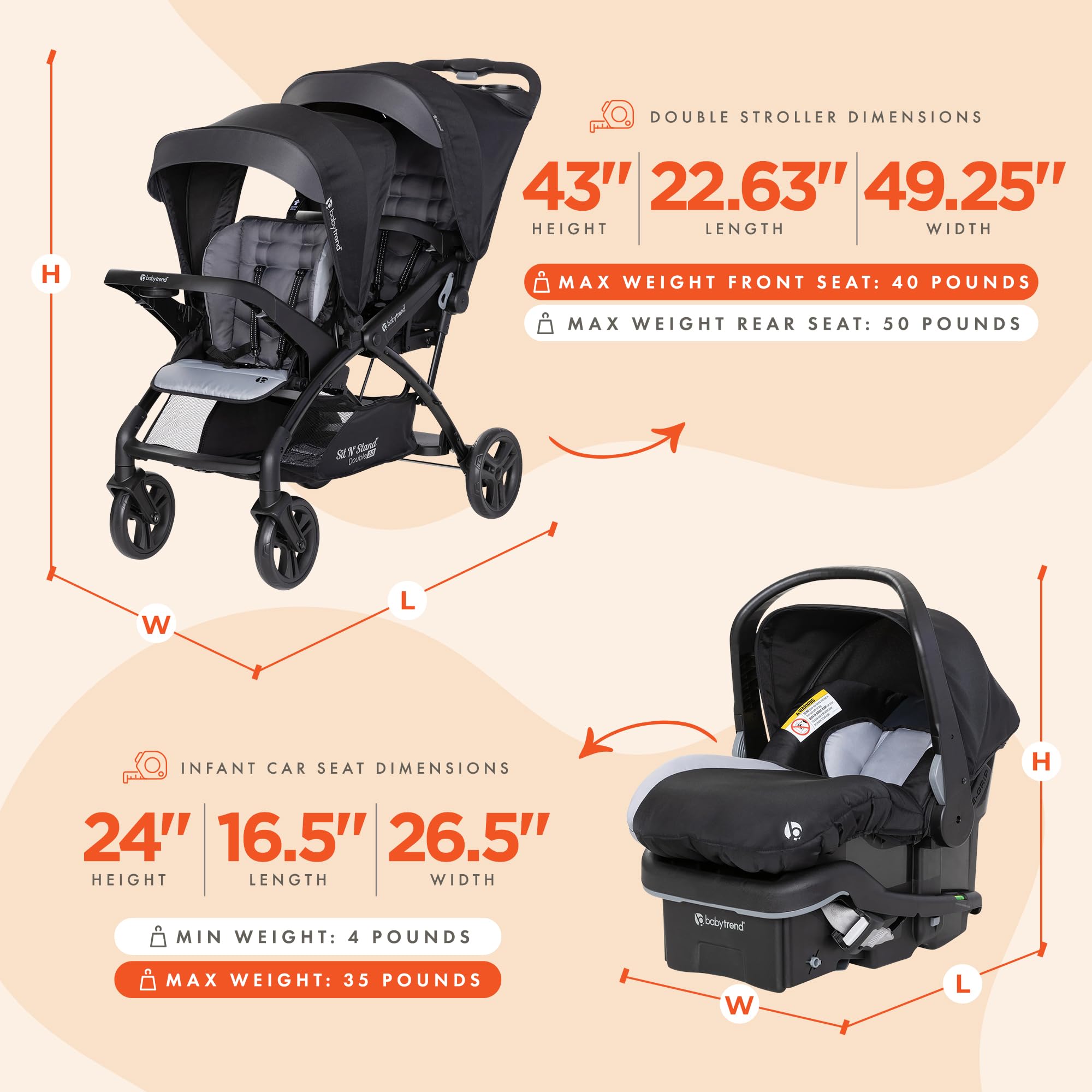 Baby Trend Double Stroller & Car Seat Combo for Infants & Toddlers - 2-Piece Travel System, Stormy Gray - Perfect for Twins, Siblings or Daycare Use