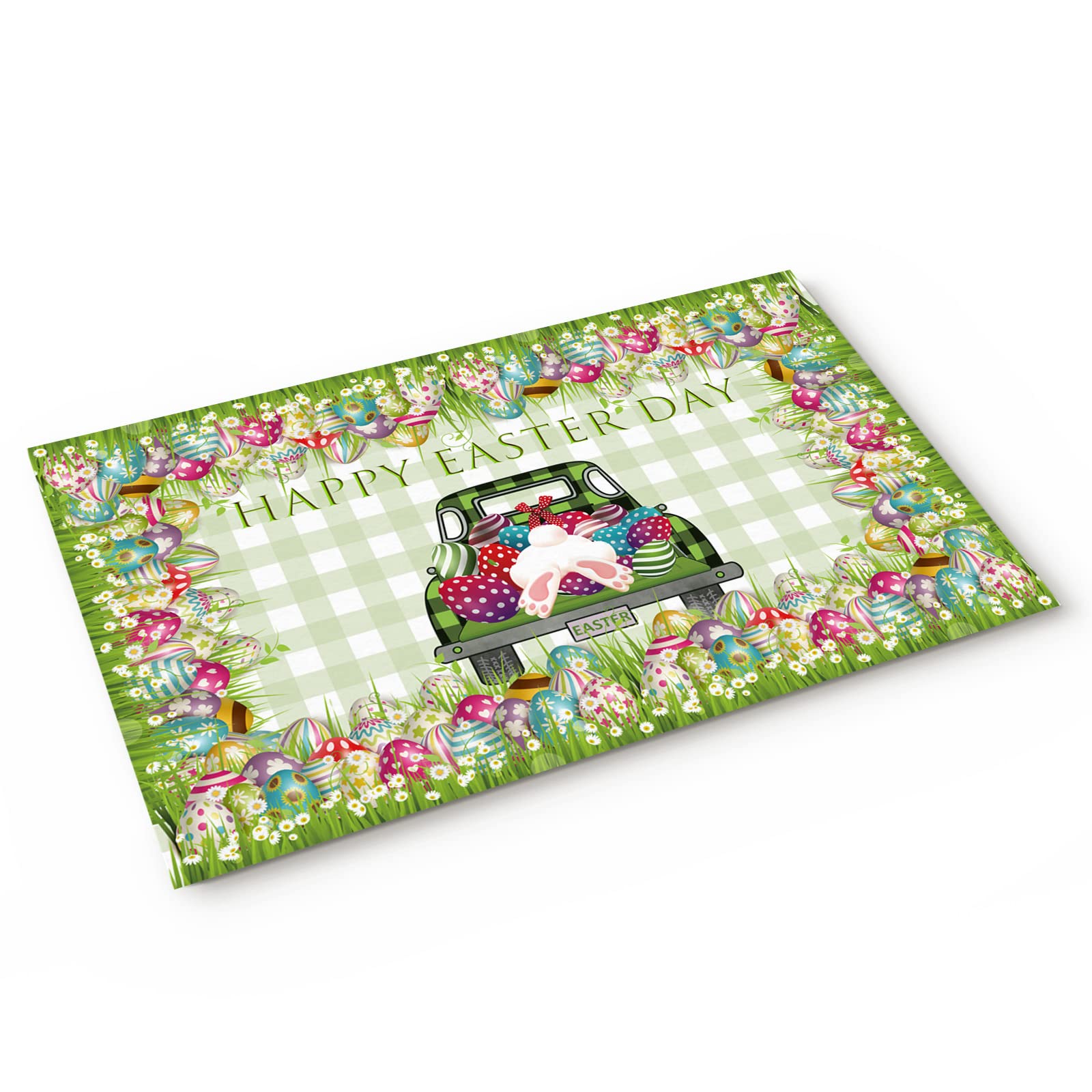 Vintage Farm Truck Easter Doormat - Non-Slip Indoor Welcome Rug with Colorful Eggs & Green Gingham Plaid Pattern (23.6x15.7 Inch) - Perfect for Home Entryway, Bathroom, Kitchen, and Bedroom Decor