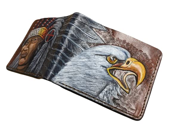 Authentic 3D Handmade Genuine Leather Bifold Wallet - Bald Eagle & Native American Chief Carved Design - Patriotic Airbrush Art Custom Men's Wallet for Everyday Use & Gift Giving