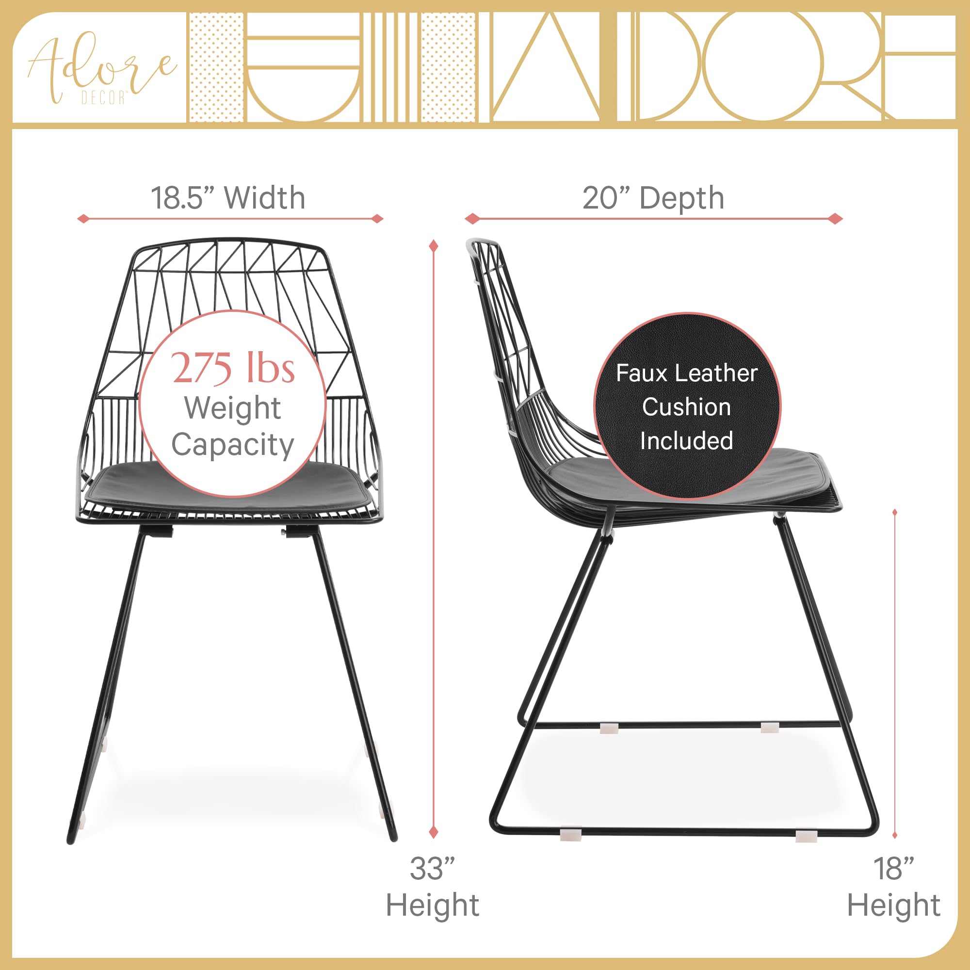 Adore Décor Vivi Modern Dining Chair Set of 4 - Black Upholstered Kitchen Chairs with Metal Legs - Perfect for Dining Room, Kitchen, Restaurant & Office Use