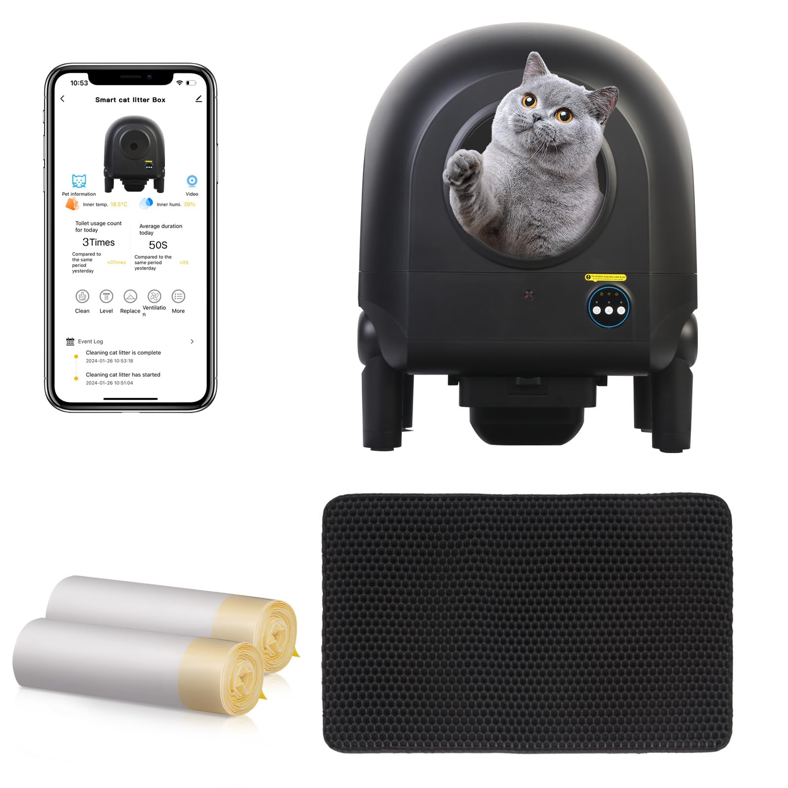 XXL Automatic Self-Cleaning Cat Litter Box with Video Monitoring, Odor Control & Weight Tracking - Ultra Quiet Operation with Included Litter Mat & Liners - Perfect for Multi-Cat Homes & Busy Pet Owners