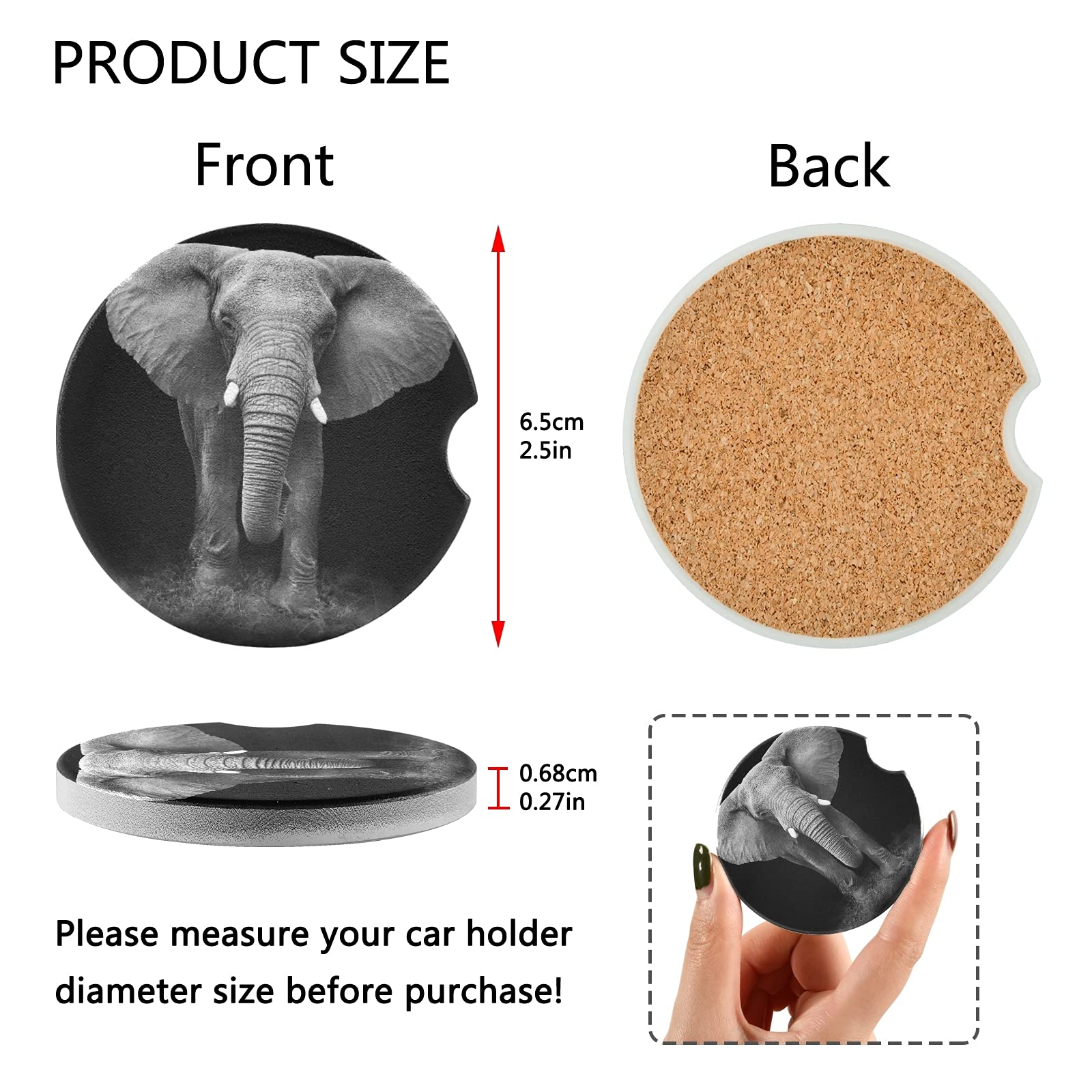 2 Pack African Elephant Ceramic Car Coasters - Absorbent Drink Coasters for Car Cup Holders with Non-Slip Grip (2.5 Inch) - Perfect for Coffee, Tea, and Beverages in Cars, Trucks, and SUVs