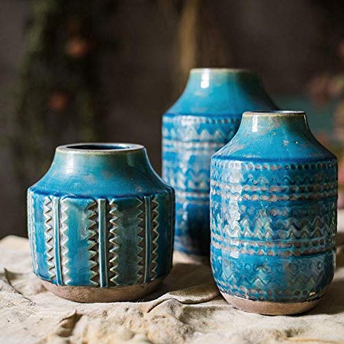 Rustic Textured Geometric Ceramic Vase - Deep Blue Handmade Home Decor for Living Room, Dining Table & Wedding Centerpiece