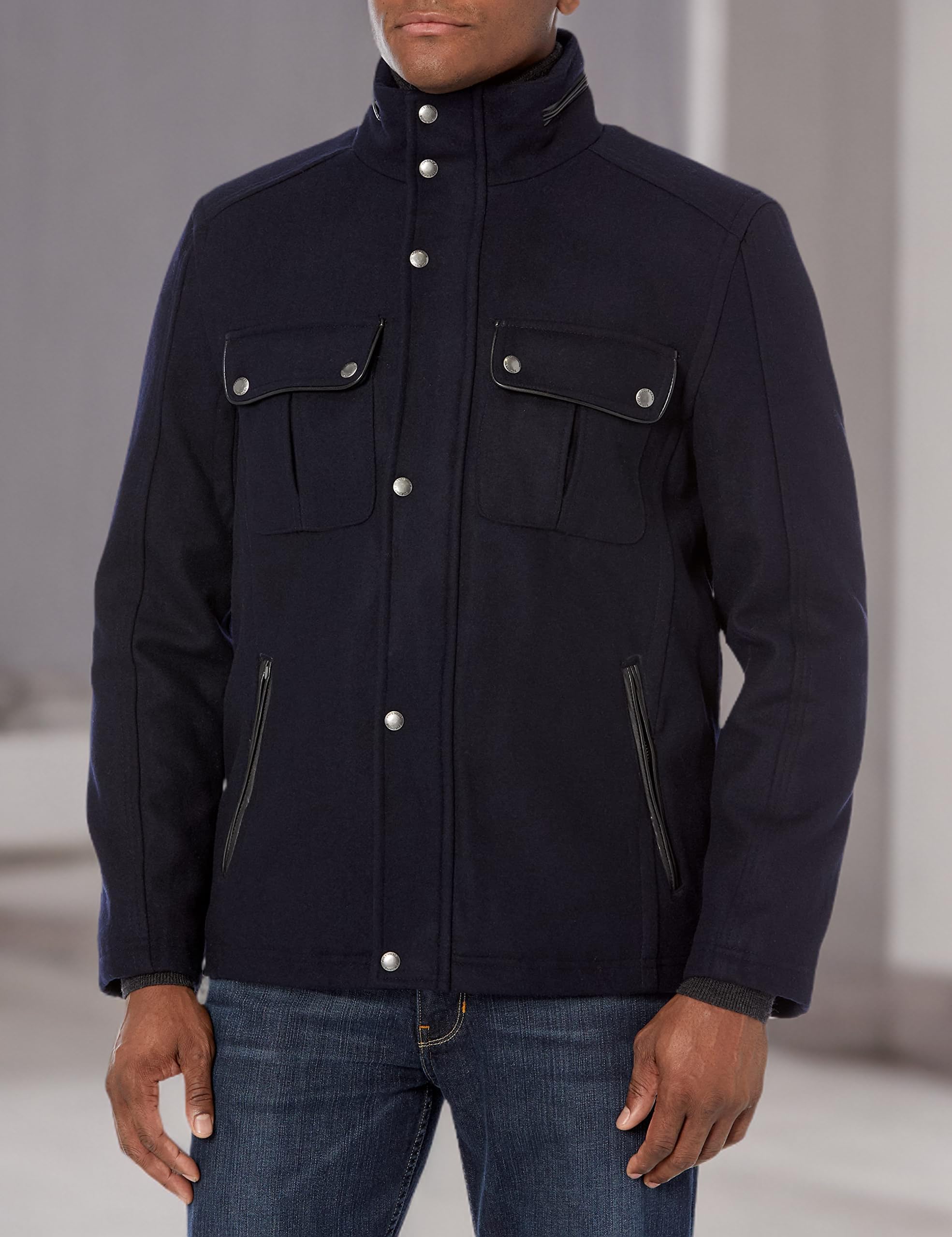 Cole Haan Men's Wool Melton Stand Collar Jacket with Patch Pockets - Stylish Winter Coat for Business Casual & Outdoor Activities