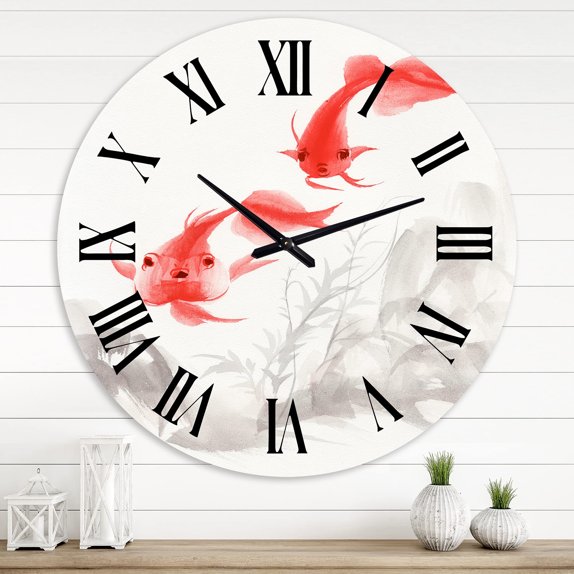 Vintage Gold Fishes Nautical Wall Clock - Large 14 Inch Coastal Decor for Home, Office, Living Room & Kitchen | Silent Non-Ticking Modern Clock for Bedroom, Dining Room & Beach House Decor