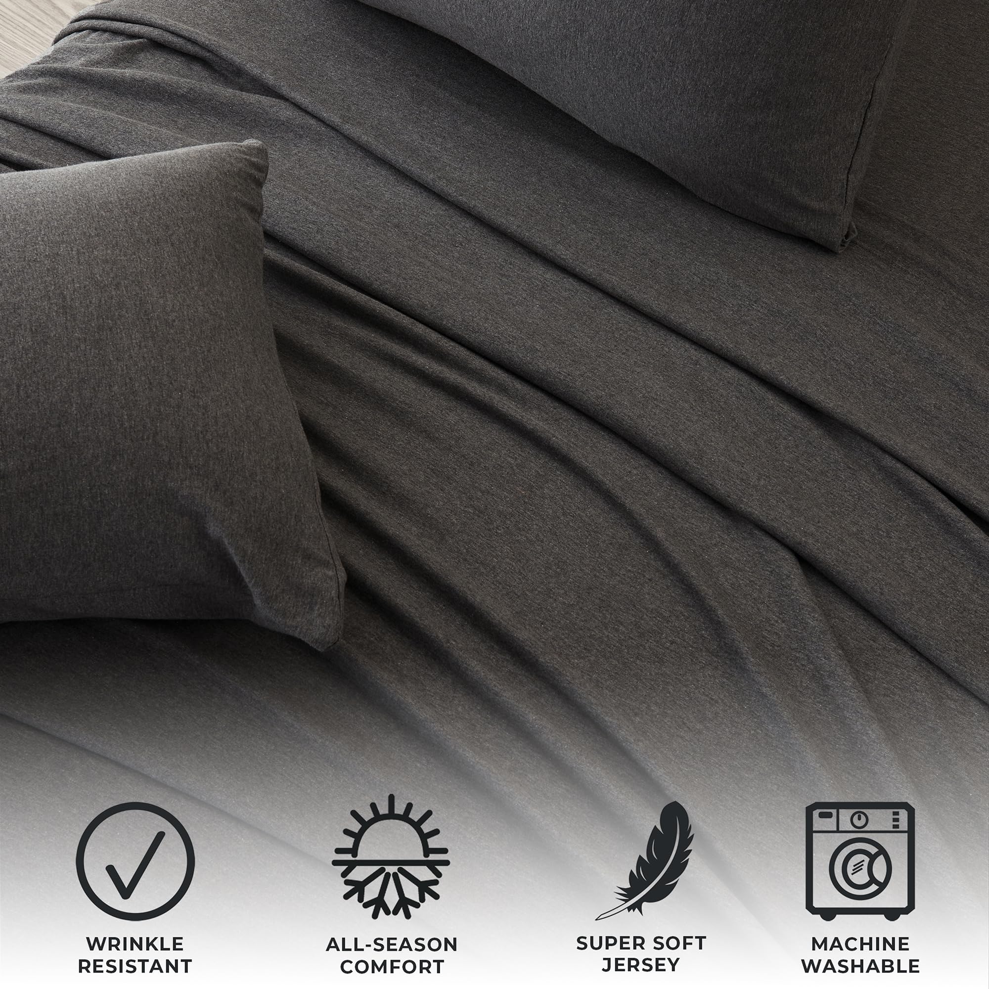 California King Sheet Set - Ultra-Soft Cotton Jersey Knit Bed Sheets in Heathered Melange Grey | Stretchy, Cozy T-Shirt Material with Pillowcases | Perfect for Luxury Bedding & Comfortable Sleep
