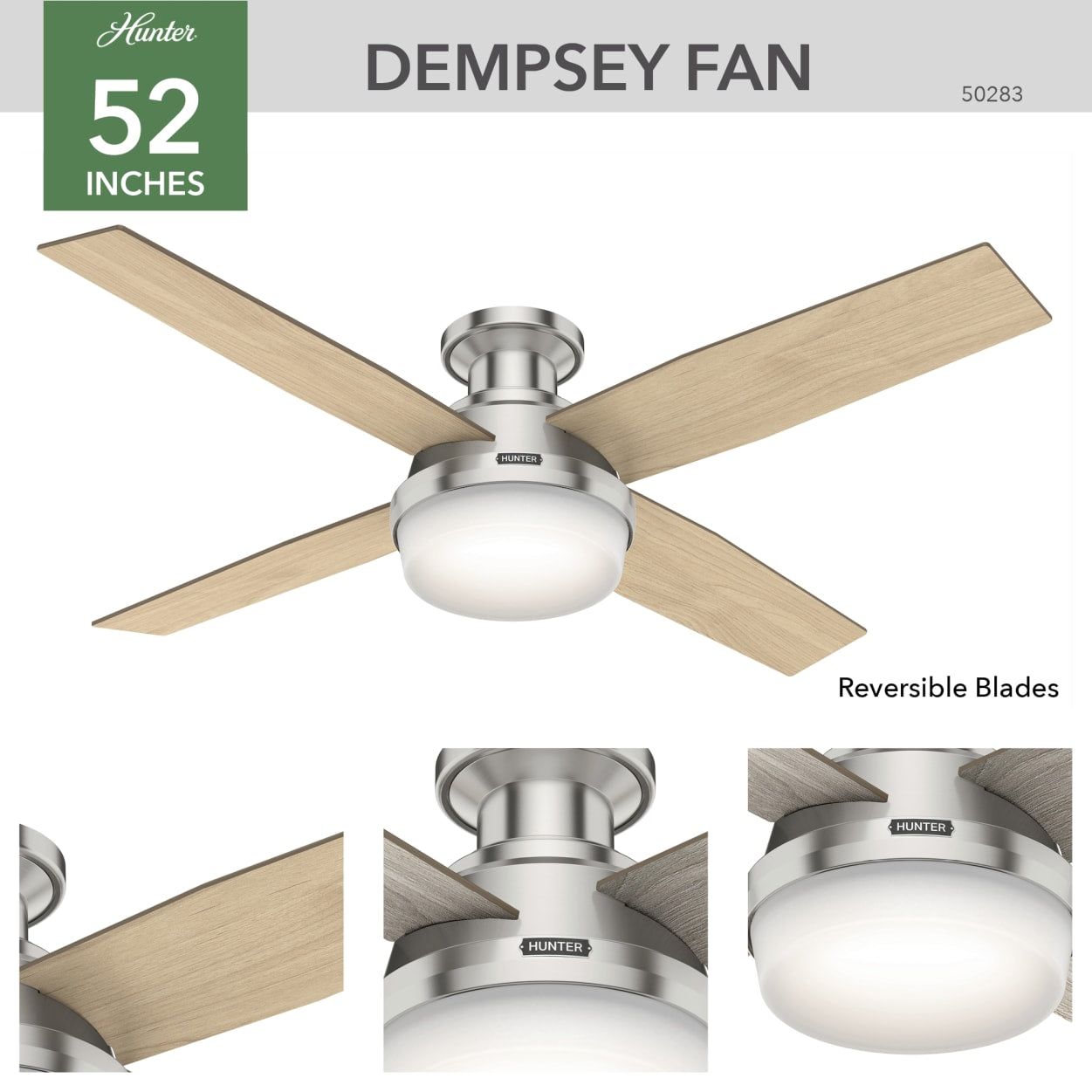 Hunter 52 Inch Dempsey Brushed Nickel Low Profile Ceiling Fan with Light Kit - Quiet Reversible Motor, Ideal for Bedroom, Living Room & Outdoor Covered Patio