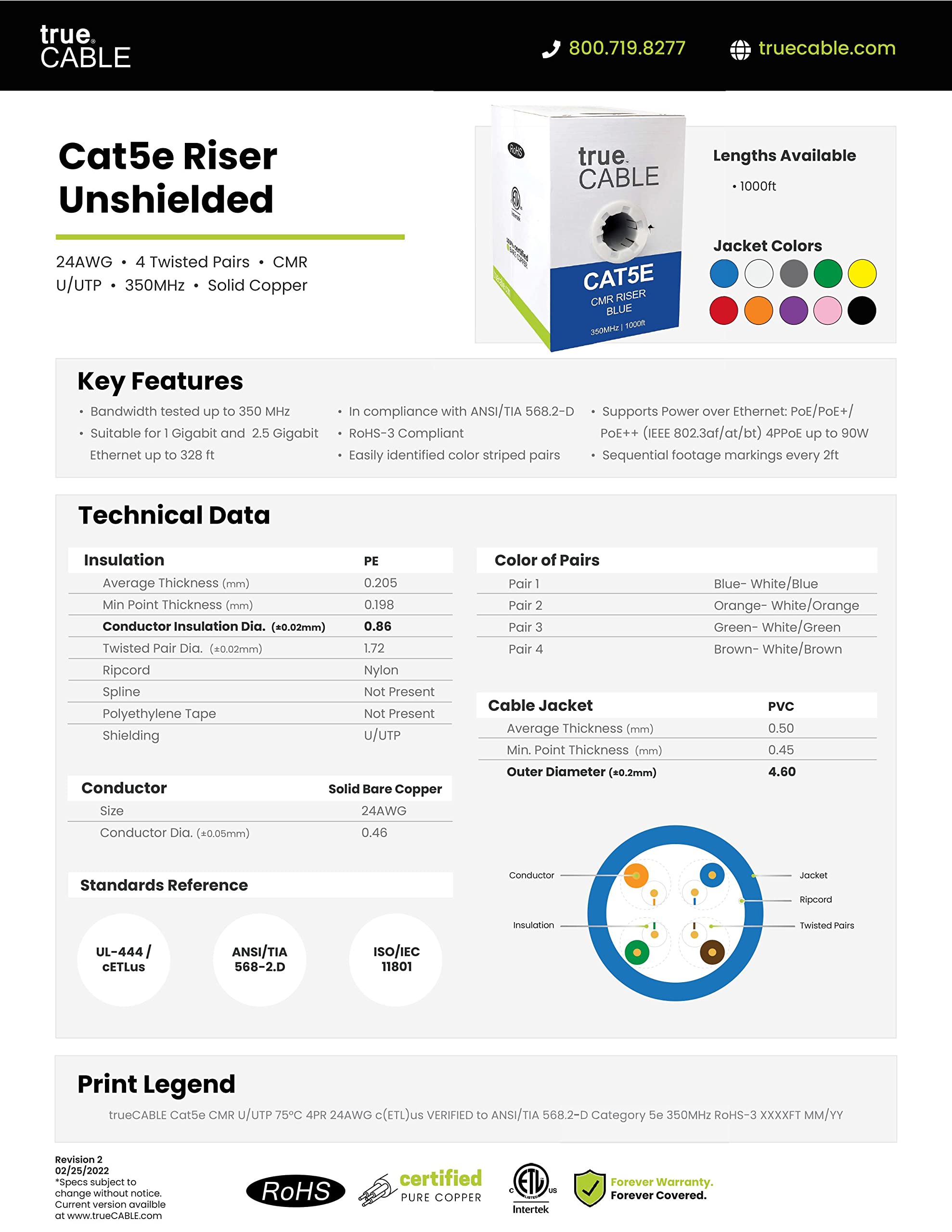 trueCABLE Cat5e Riser (CMR) Ethernet Cable - 1000ft Black 24AWG 4-Pair Solid Bare Copper, 350MHz, PoE++ (4PPoE) Certified, UTP Bulk Cable for Office Networking, Home Internet, and Data Center Installations