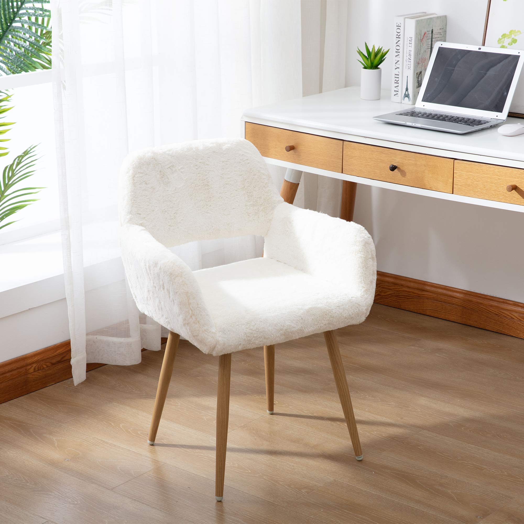 Mid Century Modern Dining Chairs with Faux Fur Upholstery & Steel Legs - White Accent Chairs for Dining Room, Kitchen, Living Room & Office