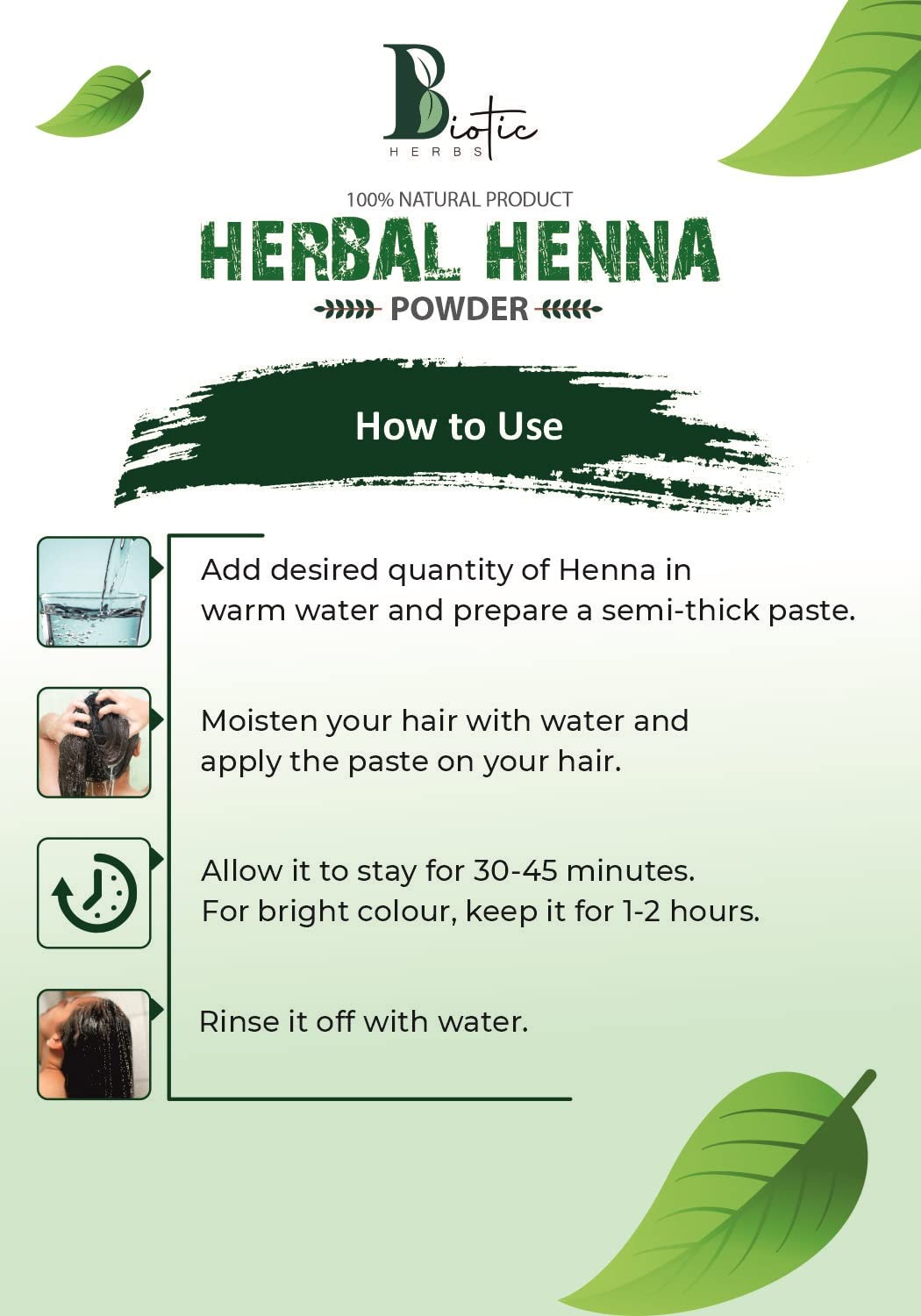 Biotic Herbs 100% Natural Organic Henna Powder for Hair Color & Growth - Reddish Brown Hair Dye (100g) | Safe Chemical-Free Hair Treatment for Natural Coloring, Conditioning & Styling at Home