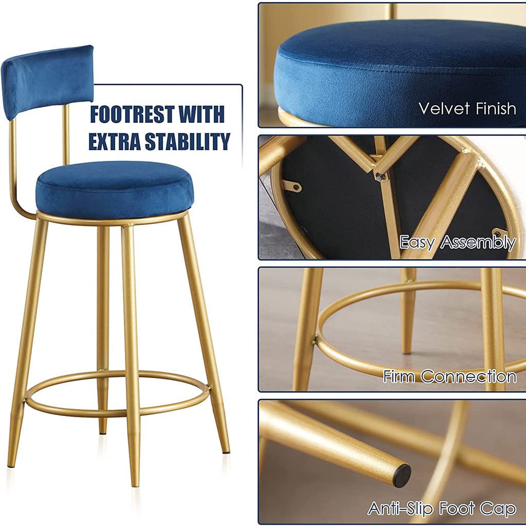 Velvet Upholstered Modern Bar Stool with Golden Metal Legs & Footrest - Counter Height Kitchen Island Stool for Breakfast Nook, Home Bar, Restaurant & Cafe Decor