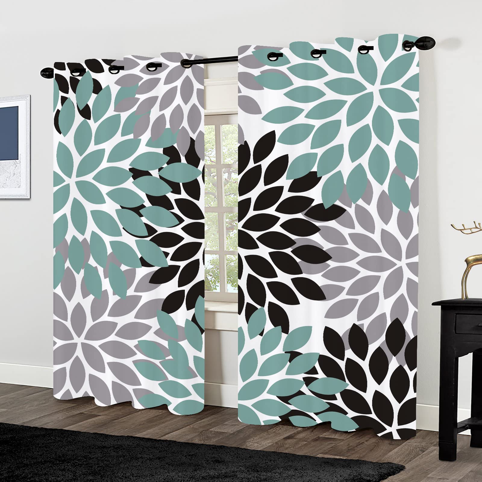 Thermal Insulated Blackout Curtains - Custom Teal, Black & Grey Dahlia Pinnata Floral Window Treatment (2 Panels) | Noise Reducing & Energy Saving Room Darkening Curtains for Living Room, Bedroom & Home Theater