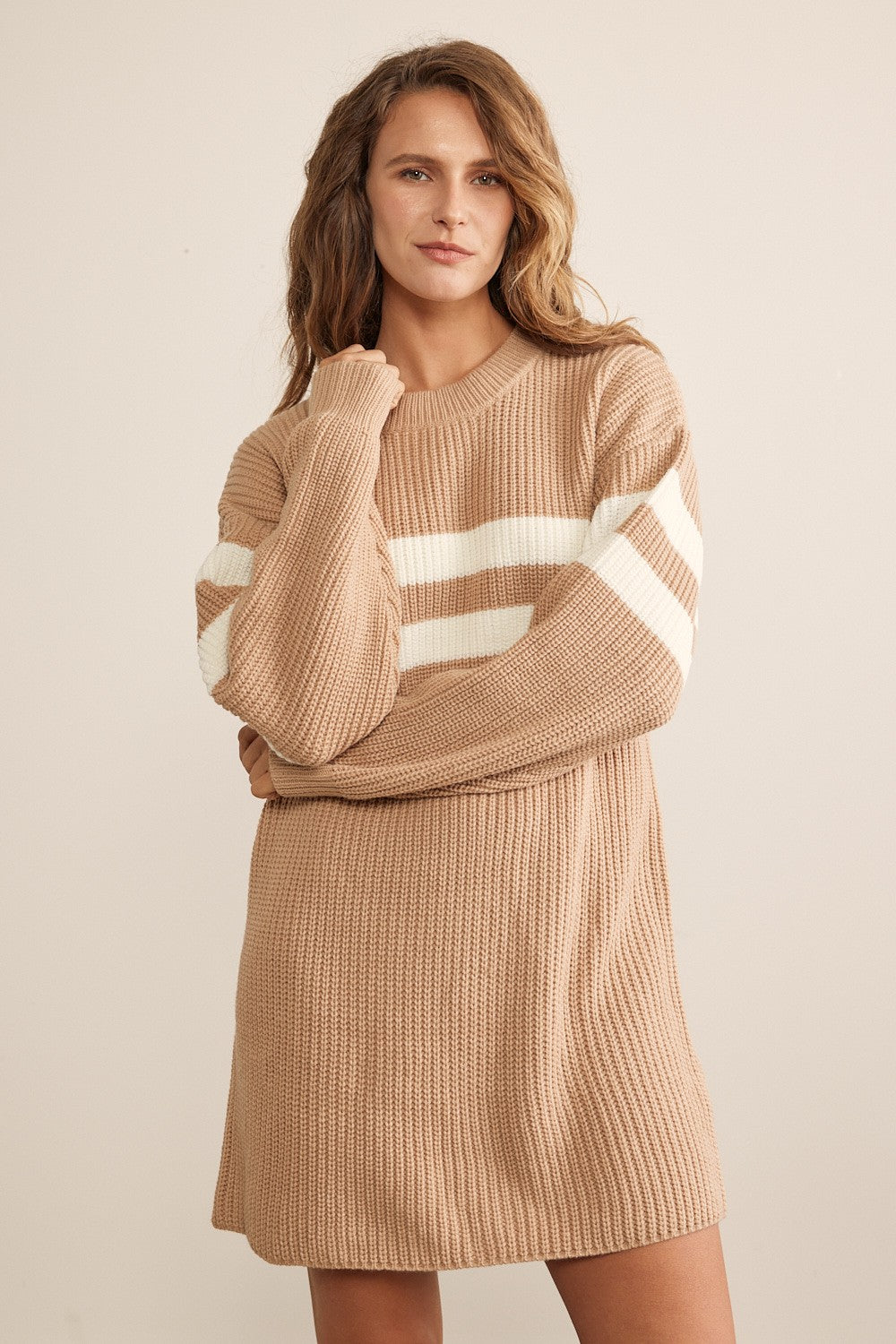 Beige Striped Maternity Sweater Dress - Relaxed Fit Mini Dress for Pregnant Women | Perfect for Casual Outings, Baby Showers & Maternity Photos
