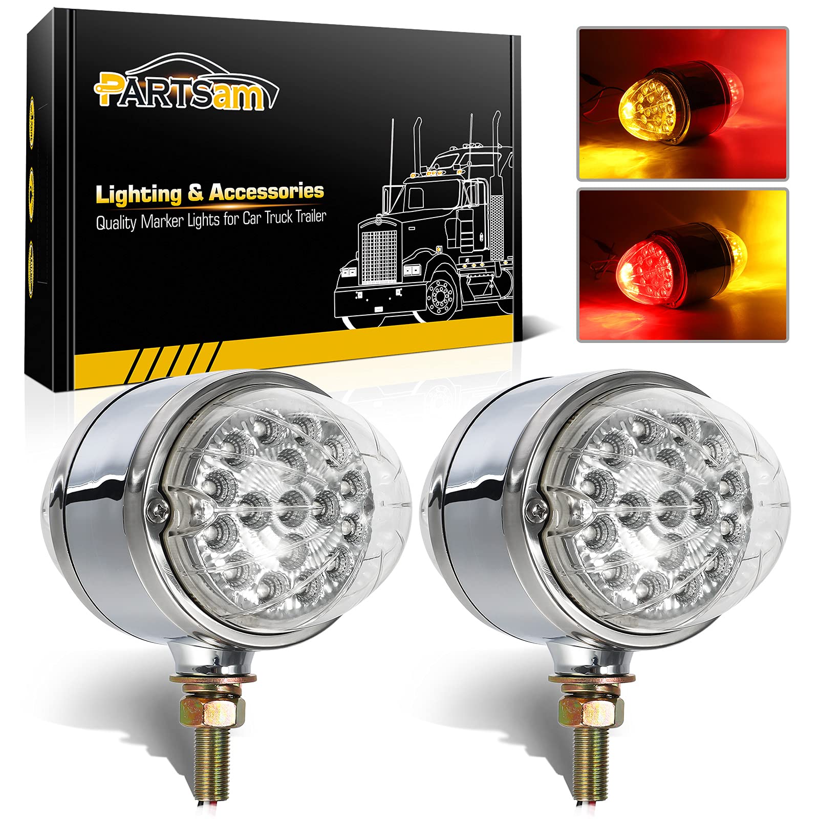 Partsam 2Pcs Amber/Red 17 LED DOT Approved Dual Revolution Watermelon Lights - Plastic Chrome Double Face Auxiliary Lights for Semi Trucks, Pedestal & Turn Signal Lights - Ideal for Night Driving & Enhanced Road Safety