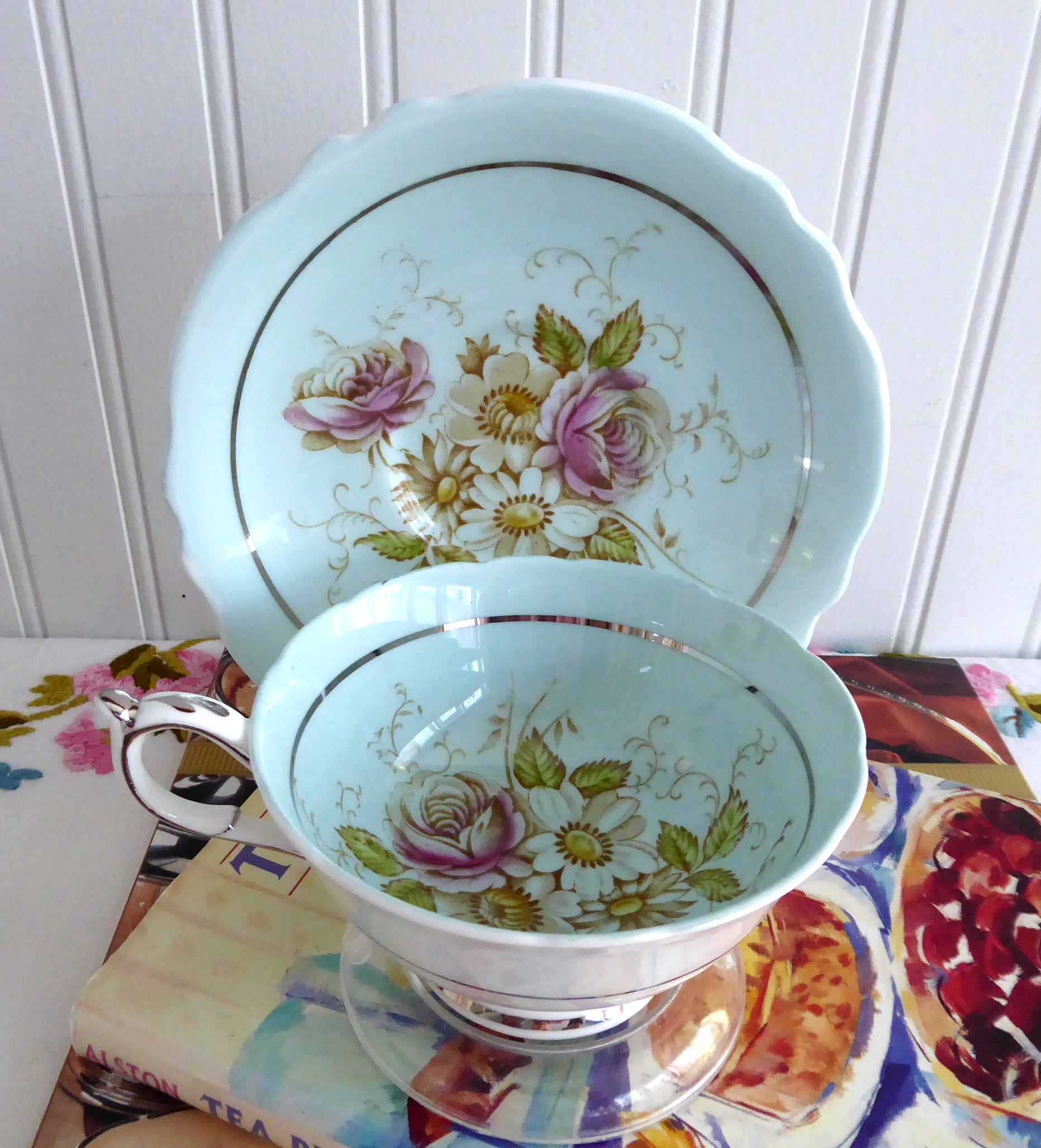 Vintage 1940s Hand-Painted Floral Paragon Cup and Saucer Set - Robin's Egg Blue with Platinum Trim | Elegant Tea Time, Bridal Shower, and Antique Collectible