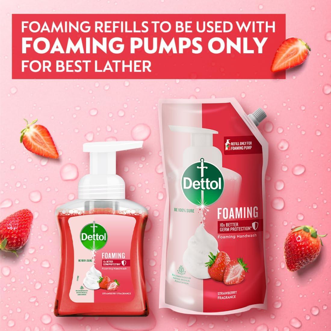 Dettol Foaming Hand Wash Pump with Refill - Strawberry Scent (250ml + 200ml) 2-Pack | Antibacterial Rich Foam Handwash | Moisturizing & Gentle on Skin | Perfect for Home, Office & Travel Hygiene