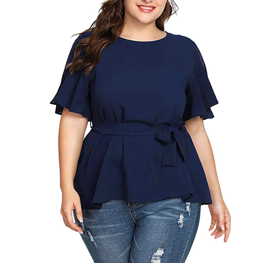 Elegant Plus Size Women's Belted Short Sleeve Blouse - Solid Knot Top (Blue, XXL) | Casual Office Wear & Summer Outfits for Curvy Women