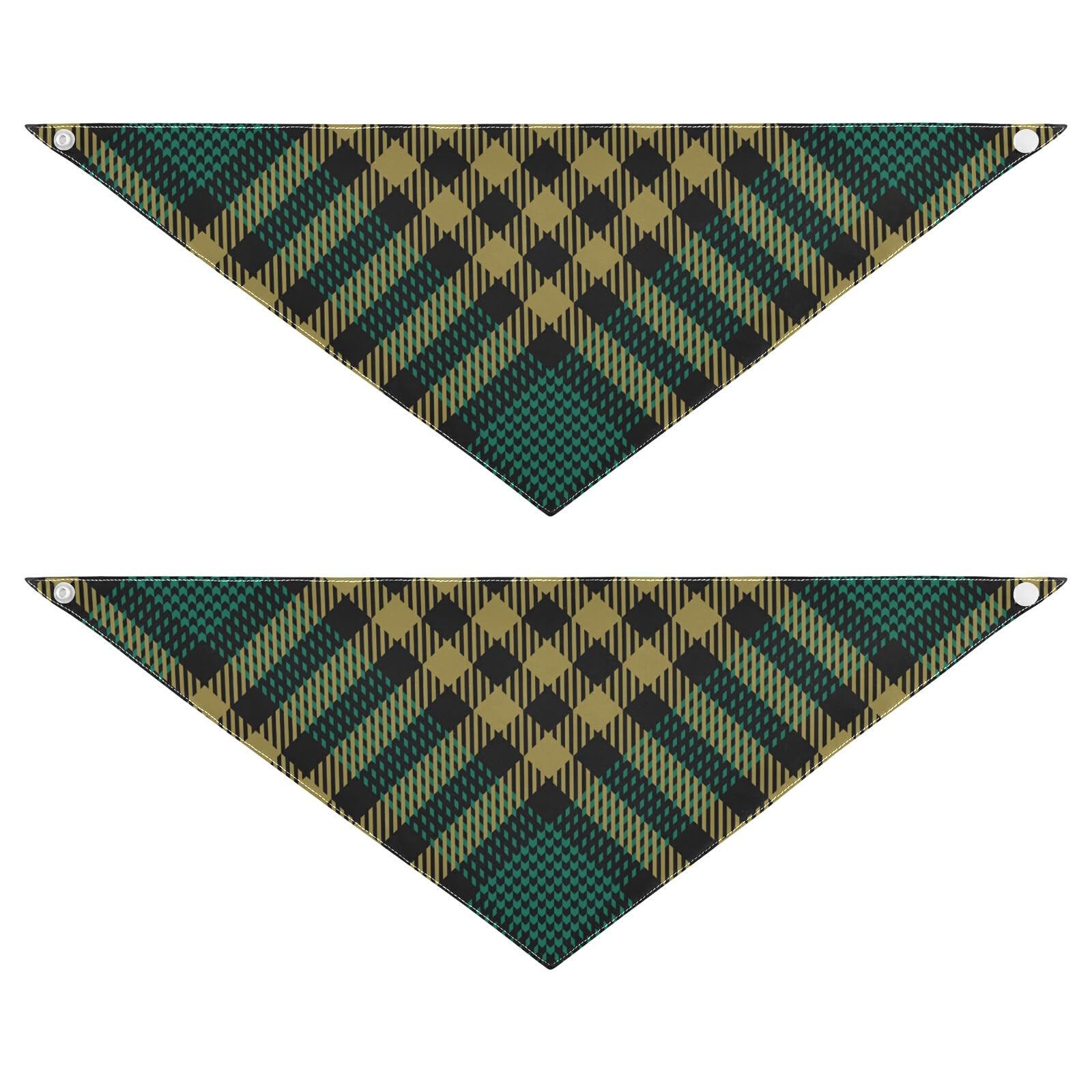 2 Pack Dog Bandanas - Black Gold Green Tartan Plaid Pattern, Soft Breathable Milk Silk, Snap Button Triangle Bibs for Small Medium Large Dogs - Perfect for Christmas, Halloween, Thanksgiving Pet Holiday Accessories & Photo Props